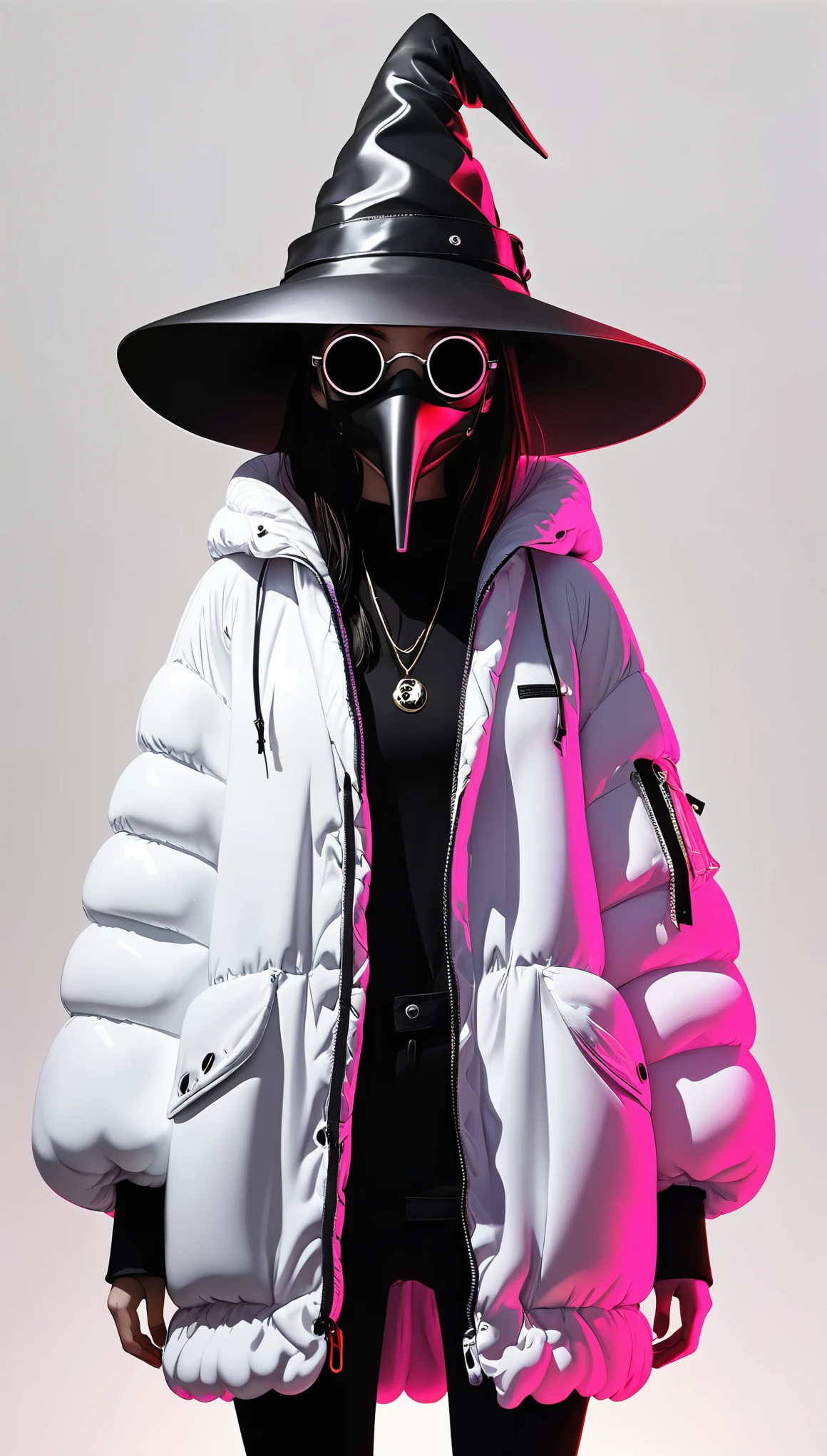 (in style of Benton Jew:0.9),in style of by Liu Ye, (1girl:1.4),(lori:1.8),(foamed hip-hop down_jacket:2),(internally stained giant wide-brimmed (wizard hat):1.6),silhouette,(metal plague doctor mask:1.4),glowing light,(((neon glowing round sunglasses))),unable to see the eyes,(large area blank:1.4),(minimalist composition:1.4),blank,white_background,japanese manga style,