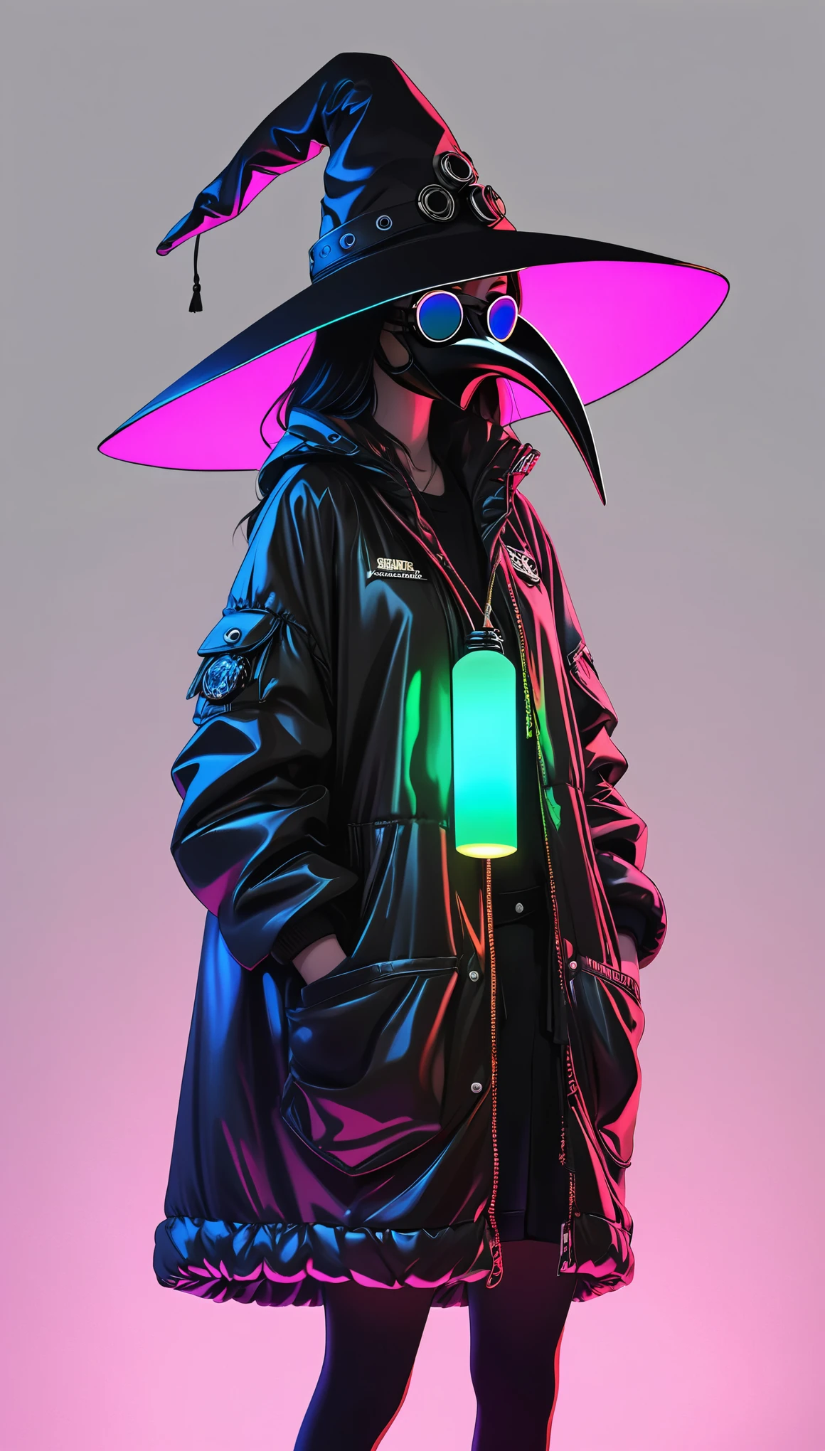 (in style of Benton Jew:0.9),in style of by Liu Ye， (1girl:1.4),(lori:1.8),(foamed hip-hop down_jacket:2),(internally stained giant wide-brimmed (wizard hat):1.6),silhouette,(metal plague doctor mask:1.4),glowing light,(((neon glowing round sunglasses))),unable to see the eyes,(large area blank:1.4),(minimalist composition:1.4),blank,white_background,japanese manga style,