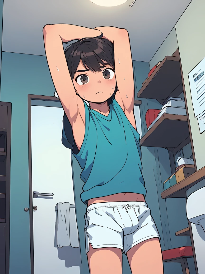 Shota， Young man，underwear, clock，(Show your armpits:1.4), shirt, Bare Chest, Standing on the toilet，sweating,  masterpiece，Advanced Details, T-back panties, Best Quality, Ultra HD