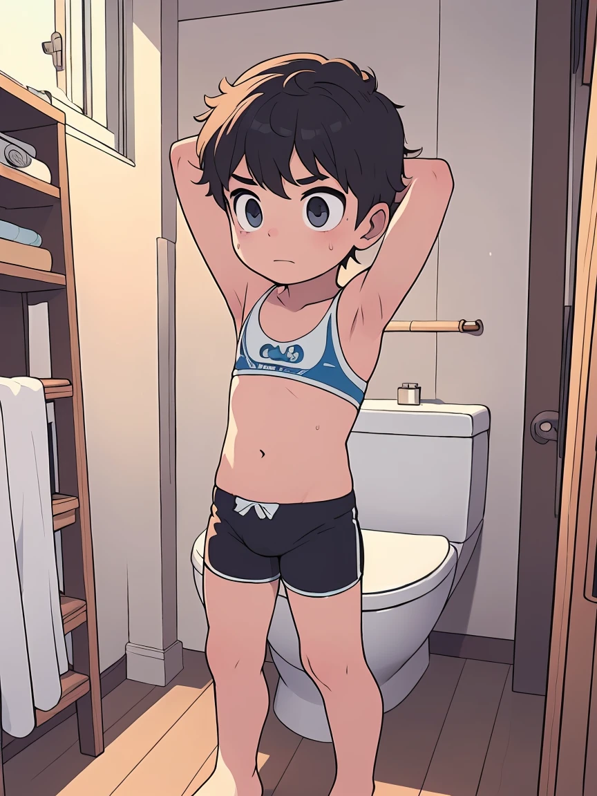 Shota， Young man，underwear, clock，(Show your armpits:1.4), shirt, Bare Chest, Standing on the toilet，sweating,  masterpiece，Advanced Details, T-back panties, Best Quality, Ultra HD