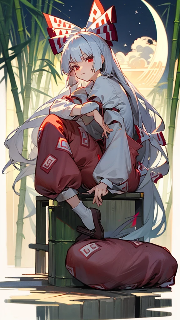 Fujiwara no Mokou(From desire) In the bamboo forest. She has a big . She has white hair, Red eyes. She is wearing a white shirt, sit, night, moon, Hair Ribbon, Perfect Anatomy