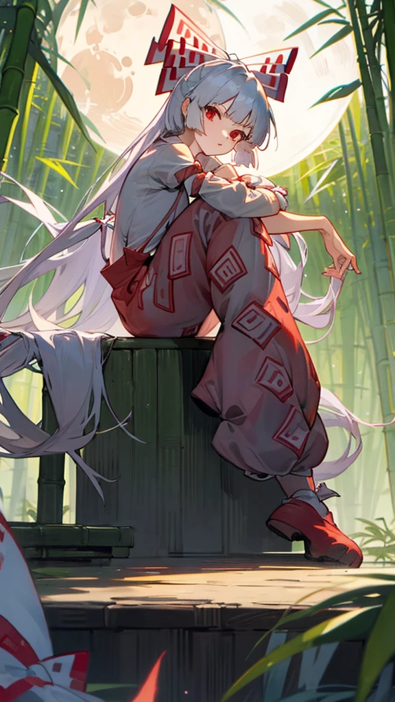 Fujiwara no Mokou(From desire) In the bamboo forest. She has a big . She has white hair, Red eyes. She is wearing a white shirt, sit, night, moon, Hair Ribbon, Perfect Anatomy