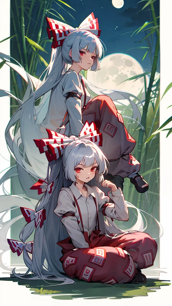 Fujiwara no Mokou(From desire) In the bamboo forest. She has a big . She has white hair, Red eyes. She is wearing a white shirt, sit, night, moon, Hair Ribbon, Perfect Anatomy