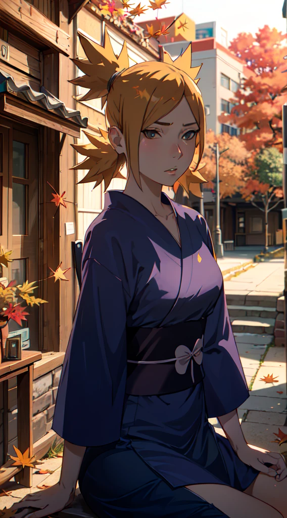 masterpiece, absurdres , (intricate details), (colorful),cinematic lighting,bust shot,extremely detailed CG unity 8k wallpaper,temari\(boruto\), 1girl, mature female,blue kimono,  sitting, outdoors, (falling leaves:1.3), autumn leaves, (autumn), sunlight, maple tree, parted lips,wind,  looking at viewer, temari\(boruto\)