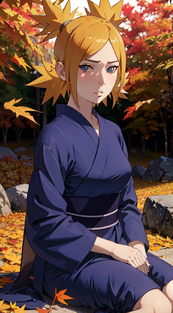 masterpiece, absurdres , (intricate details), (colorful),cinematic lighting,bust shot,extremely detailed CG unity 8k wallpaper,temari\(boruto\), 1girl, mature female,blue kimono, sitting, outdoors, (falling leaves:1.3), autumn leaves, (autumn), sunlight, maple tree, parted lips,wind, looking at viewer, temari\(boruto\)