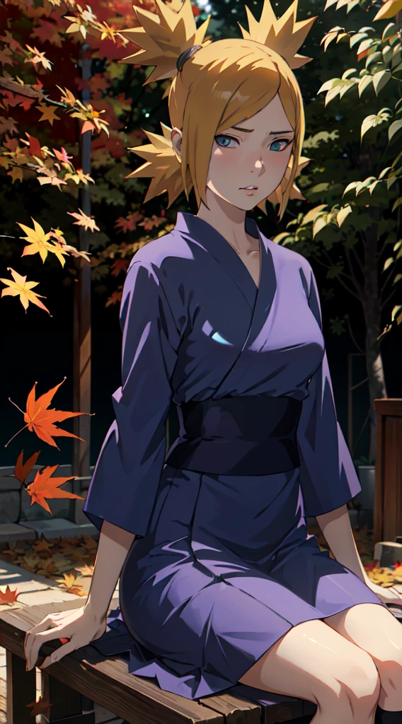 masterpiece, absurdres , (intricate details), (colorful),cinematic lighting,bust shot,extremely detailed CG unity 8k wallpaper,temari\(boruto\), 1girl, mature female,blue kimono, sitting, outdoors, (falling leaves:1.3), autumn leaves, (autumn), sunlight, maple tree, parted lips,wind, looking at viewer, temari\(boruto\)