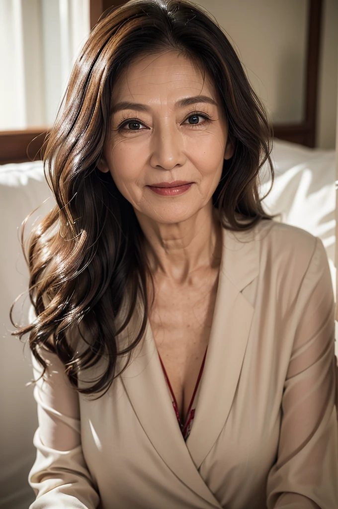 (masterpiece:1.4),(69-year-old woman:1.5),(facial wrinkles 1.2),gentle smile,Long Wavy Hair, motherly mature woman