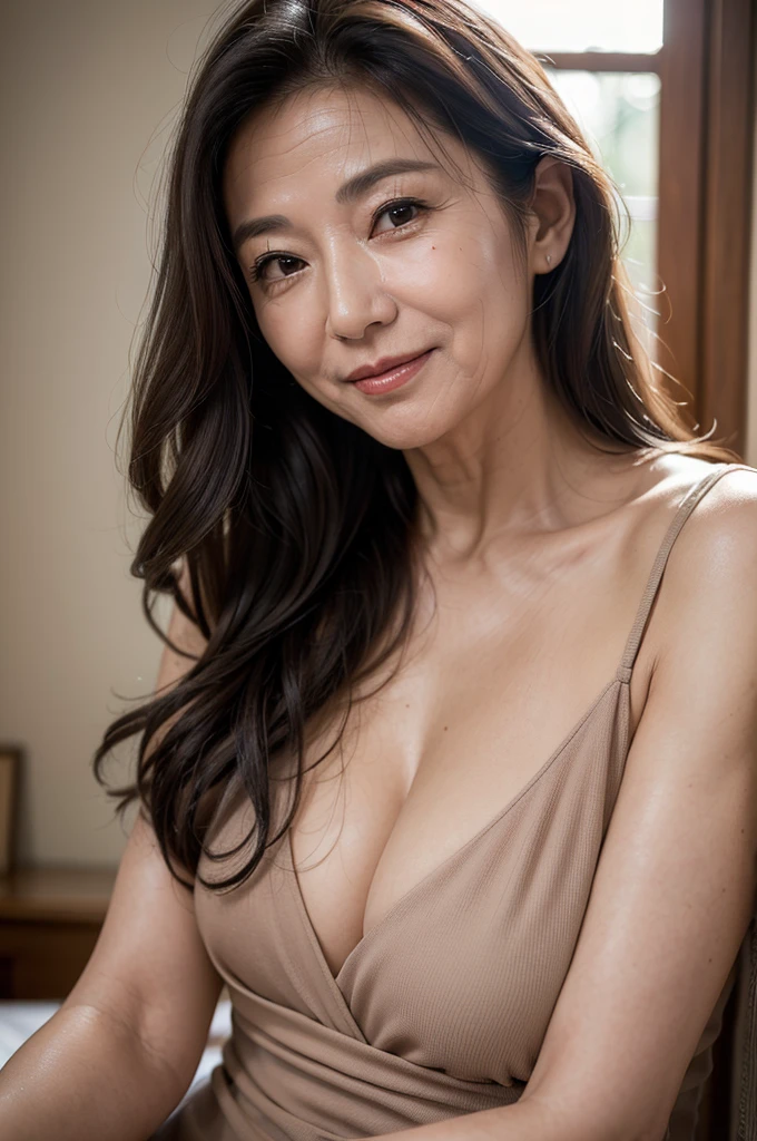(masterpiece:1.4),(69-year-old woman:1.5),(facial wrinkles 1.2),gentle smile,Long Wavy Hair, motherly mature woman