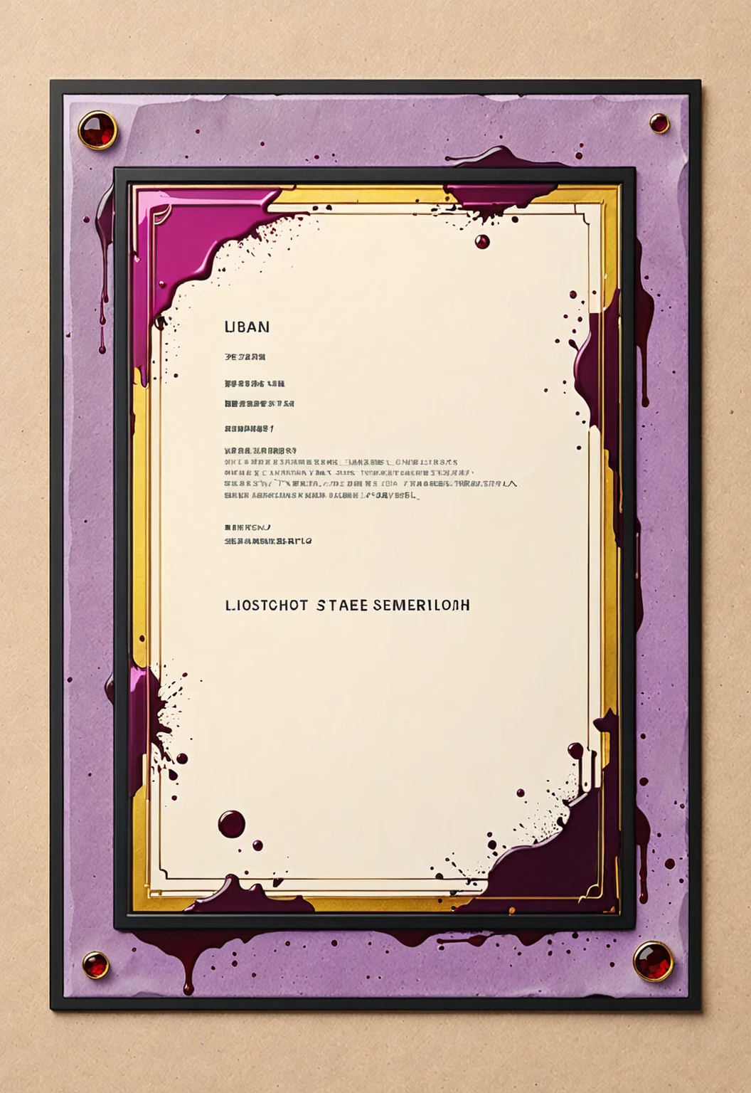 A card border UI,Modern urban minimalist style,Suspense style,Profile Style。Leave a square blank space in the middle,There is a ruby under the bezel。Parchment backing,There are blood stains on it。Black and White、yellowish、Lilac main color。