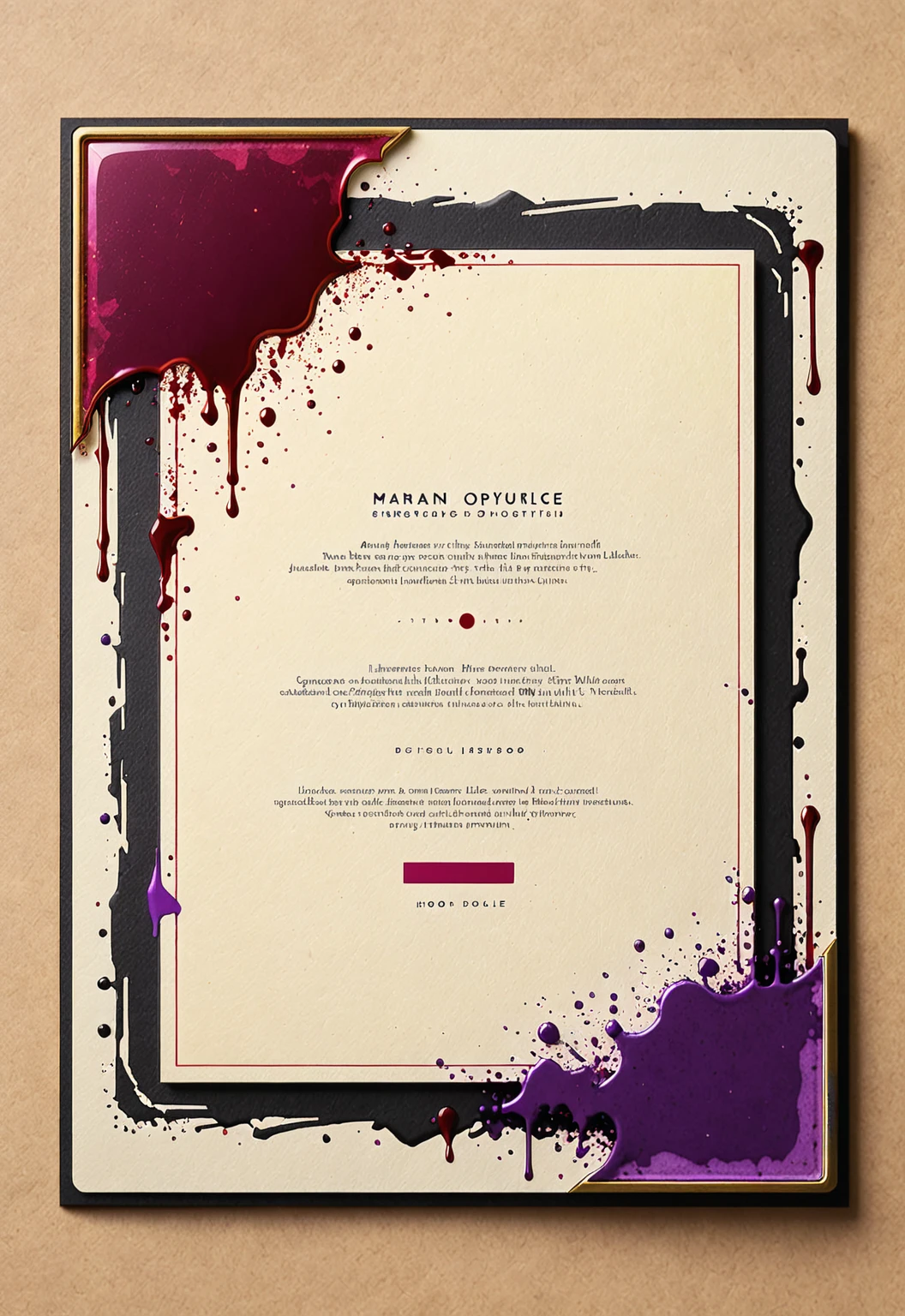 A card border UI,Modern urban minimalist style,Suspense style,Profile Style。Leave a square blank space in the middle,There is a ruby under the bezel。Parchment backing,There are blood stains on it。Black and White、yellowish、Lilac main color。