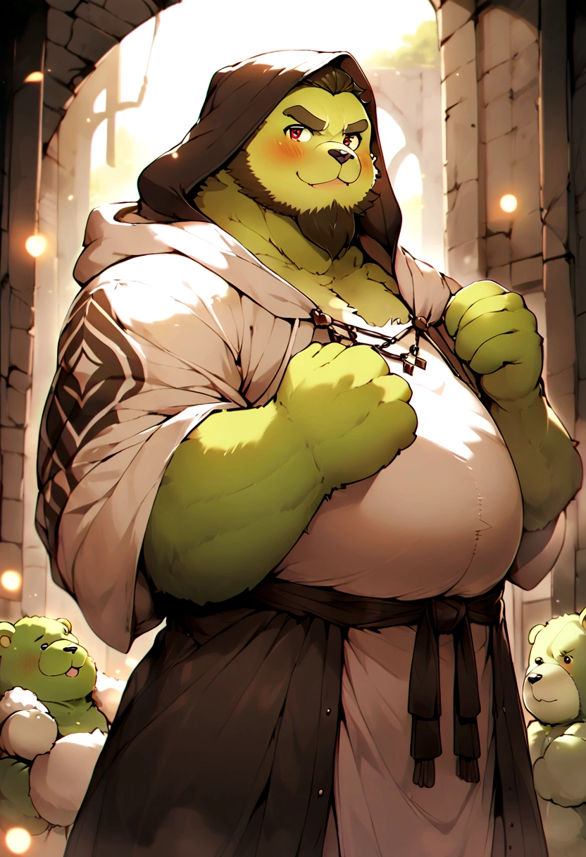 anthro, kemono, male, solo, ((round face, very plump face, thick beard)), (((dark beard))), ((endomorph body type, old-aged)), ((green bear, bear) fluffy fur, fluffy), (at old ruin, dungeons), bokeh, (high quality, highres, masterpiece), (dynamic lighting, vivid color), (generous smile), (face focus), front view (close up), cartoon, (((green bear))), (((green fur))), green hair, beard, white eyebrows, bald, detailed red eyes, tall, steel mage staff, magic, (black t-shirt inside), (((white robe coat with hood))), by zixiong, by takemoto arashi, by zixiong, (by null-ghost:0.8), (by t.y.stars:0.4),