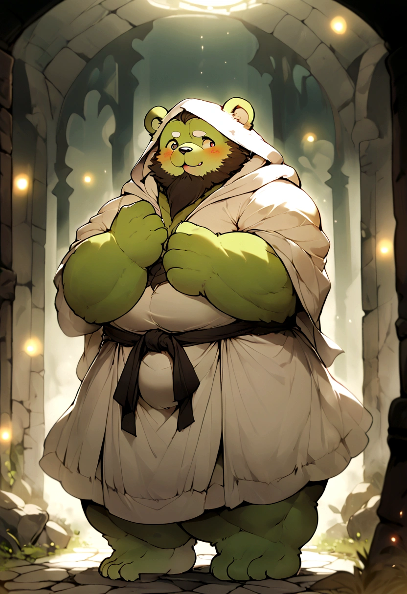 anthro, kemono, male, solo, ((round face, very plump face, thick beard)), (((dark beard))), ((endomorph body type, old-aged)), ((green bear, bear) fluffy fur, fluffy), (at old ruin, dungeons), bokeh, (high quality, highres, masterpiece), (dynamic lighting, vivid color), (generous smile), (face focus), front view (close up), cartoon, (((green bear))), (((green fur))), green hair, beard, white eyebrows, bald, detailed red eyes, tall, steel mage staff, magic, (black t-shirt inside), (((white robe coat with hood))), by zixiong, by takemoto arashi, by zixiong, (by null-ghost:0.8), (by t.y.stars:0.4),