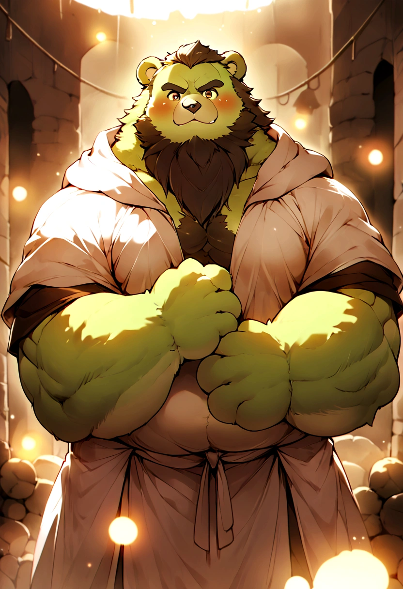 anthro, kemono, male, solo, ((round face, very plump face, thick beard)), (((dark beard))), ((endomorph body type, old-aged)), ((green bear, bear) fluffy fur, fluffy), (at old ruin, dungeons), bokeh, (high quality, highres, masterpiece), (dynamic lighting, vivid color), (generous smile), (face focus), front view (close up), cartoon, (((green bear))), (((green fur))), green hair, beard, white eyebrows, bald, detailed red eyes, tall, steel mage staff, magic, (black t-shirt inside), (((white robe coat with hood))), by zixiong, by takemoto arashi, by zixiong, (by null-ghost:0.8), (by t.y.stars:0.4),