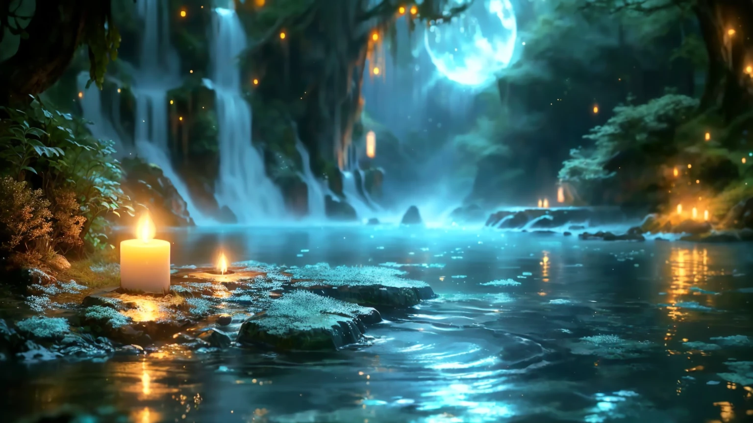 Close-up of a waterfall with a lit candle in the water, mystical forest lagoon, Fantasy style 8k octane rendering, アンRealエンジンファンタジーアート, Background artwork, アンReal エンジン 4K 壁紙, Water Everware Fantasy, Highly Detailed 4K HD Wallpapers, A close-up fantasy using the magic of water, Close-up cinematic underwater scenes, Magical Environment, Highly detailed digital art in 4K、Real