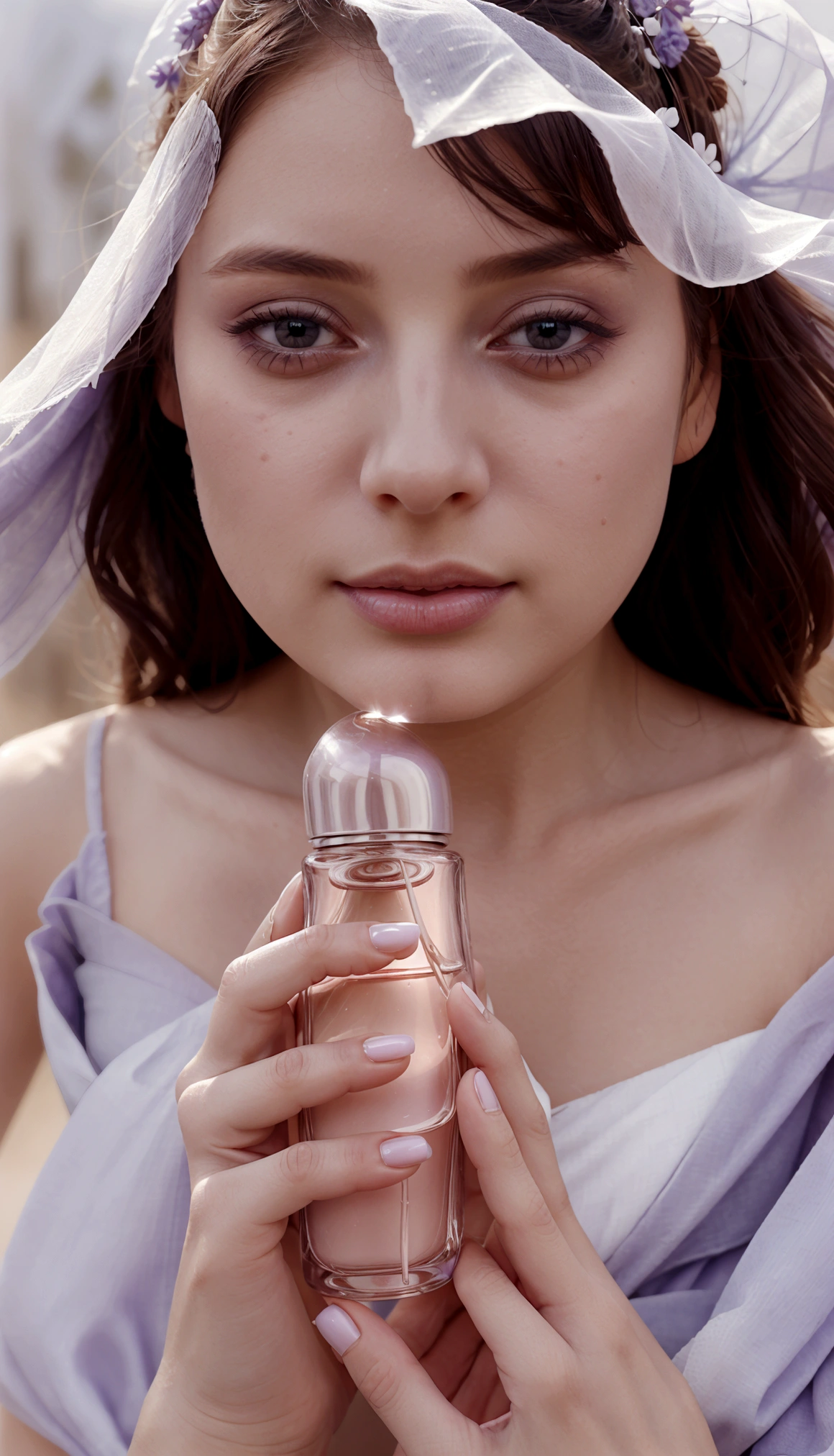 perfume in women's hands, on the hands there is a delicate lavender fabric, fabric is light on perfume, beautiful perfume, aesthetic advertising, stylish perfume, soft aura, blurred background, light, gentle perfume, cold haze