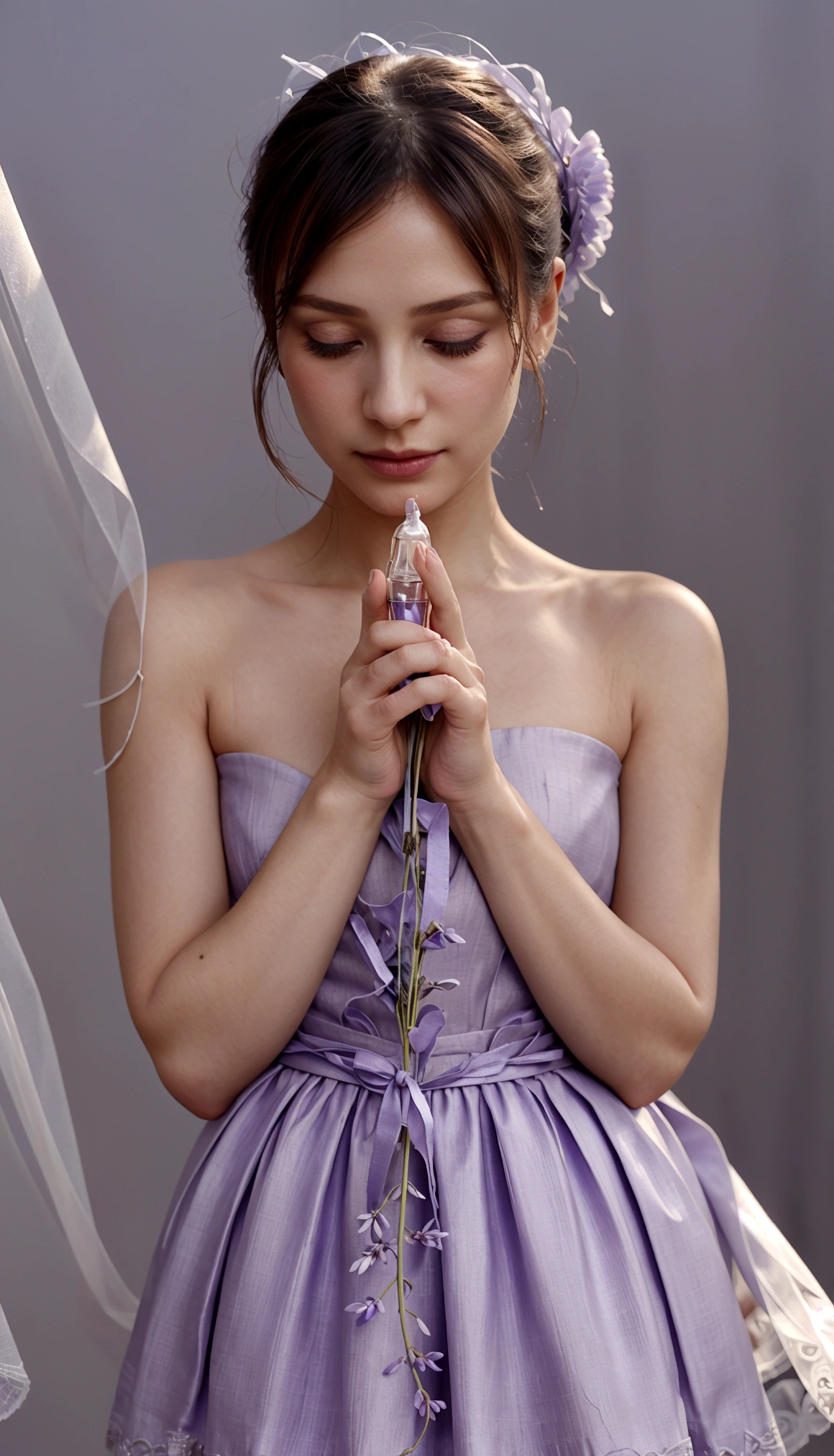 perfume in women&#39;s hands, on the hands there is a delicate lavender fabric, fabric is light on perfume, beautiful perfume, aesthetic advertising, stylish perfume, soft aura, blurred background, light, gentle perfume, cold haze
