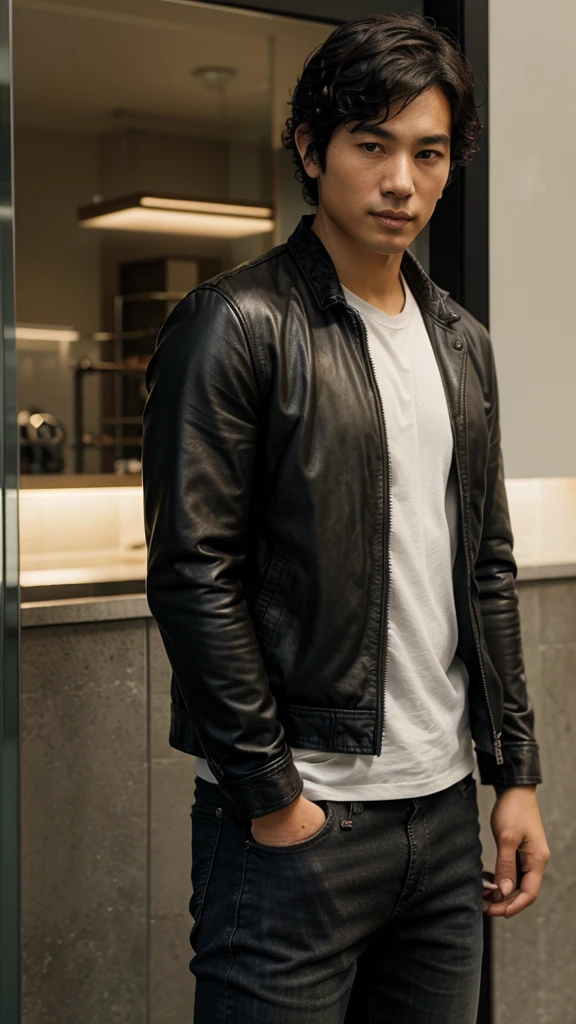 Asian man, with curly short dark hair, athletic build and wearing a leather jacket