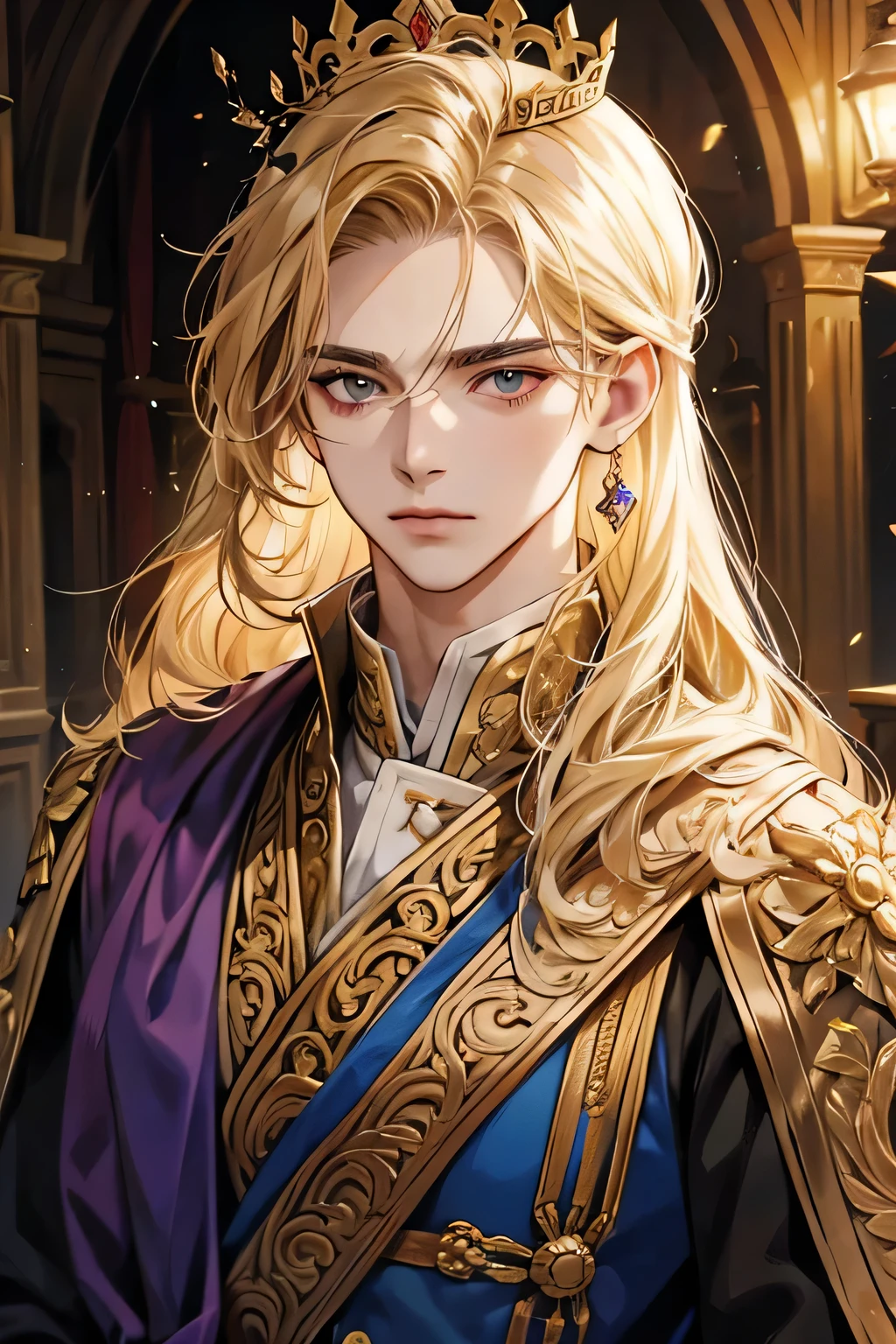 (Best quality),adult,1 man, male, mature, hot, cool, elegant and strong, long hair blonde, gold eyes, long hair blonde, medieval yunani style clothing, richly textured background, soft lighting, portrait style, painting style, deep colors, royal clothes yunani style, perfect eyes, look at camera, purple clothes, with crown king yunani romawi, golden eyes, half body perfect
