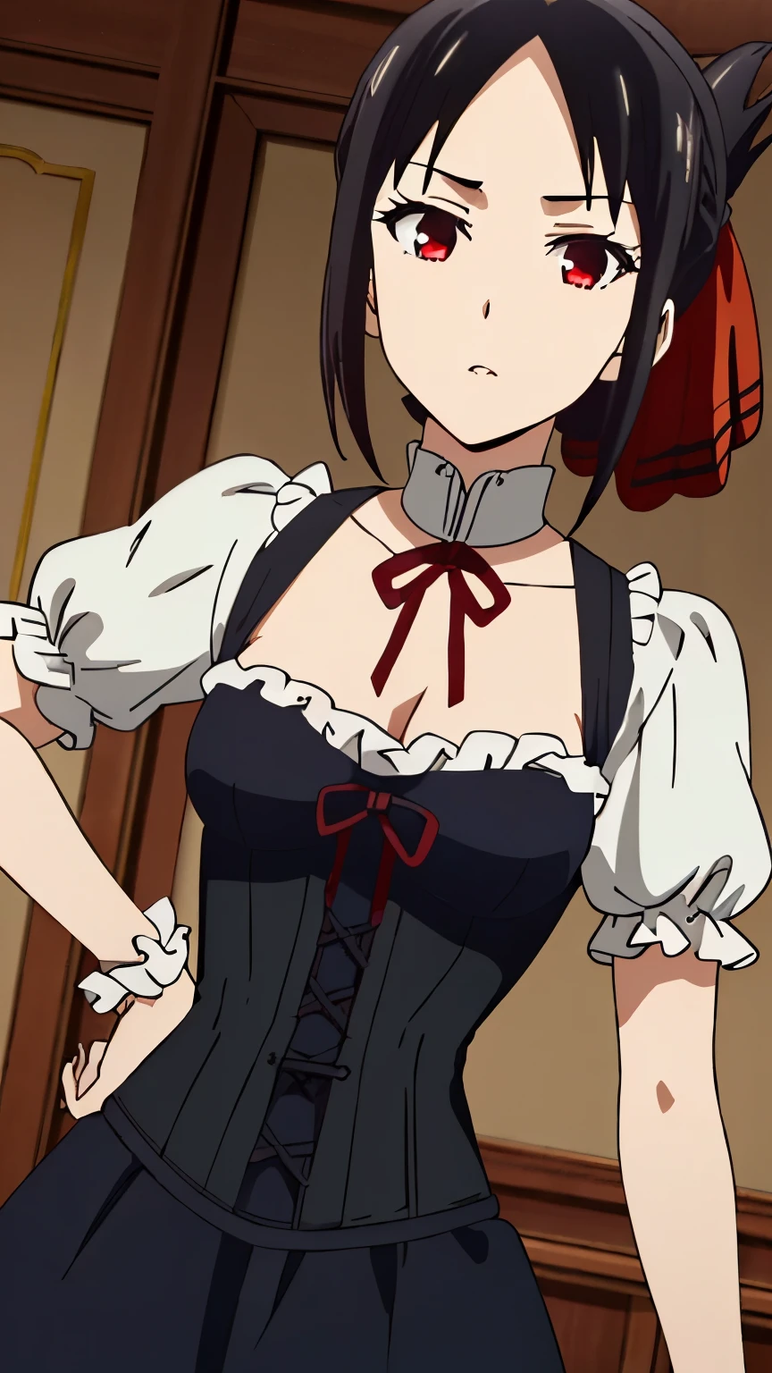 (best quality, masterpiece, 8k:1.2), detailed,
shinomiya kaguya,1girl, solo, black hair, red eyes, short hair, folded ponytail, red hair ribbon, (victorian, victorian dress, corset, embroidery),
looking at the viewer, medium breasts, dynamic Angle, 