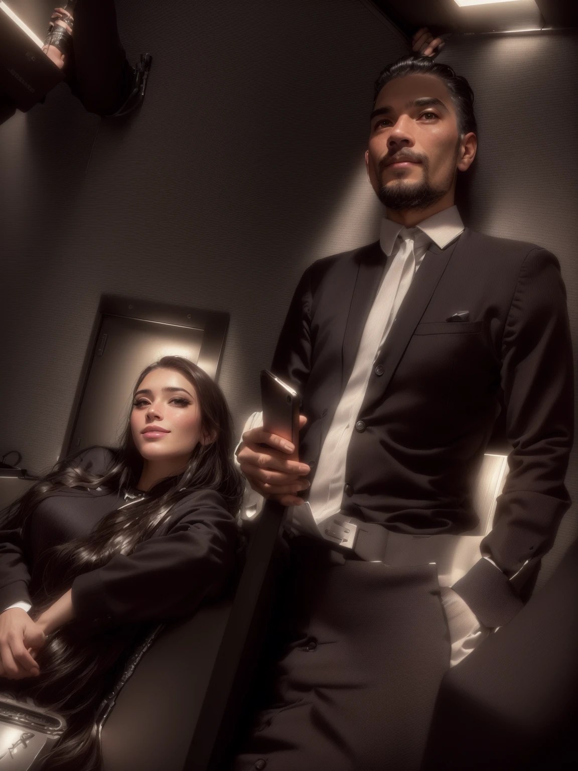 there is a man and a woman next to each other, Behind the scenes photo, in an elevator, by Alejandro Obregón, production still, taken in 2 0 2 0, bottom angle, Behind the scenes, photo from a promotional shoot, sitting at a control center, behind the scenes, photoshoot, professional comercial vibe, selfie taken directly at angle
