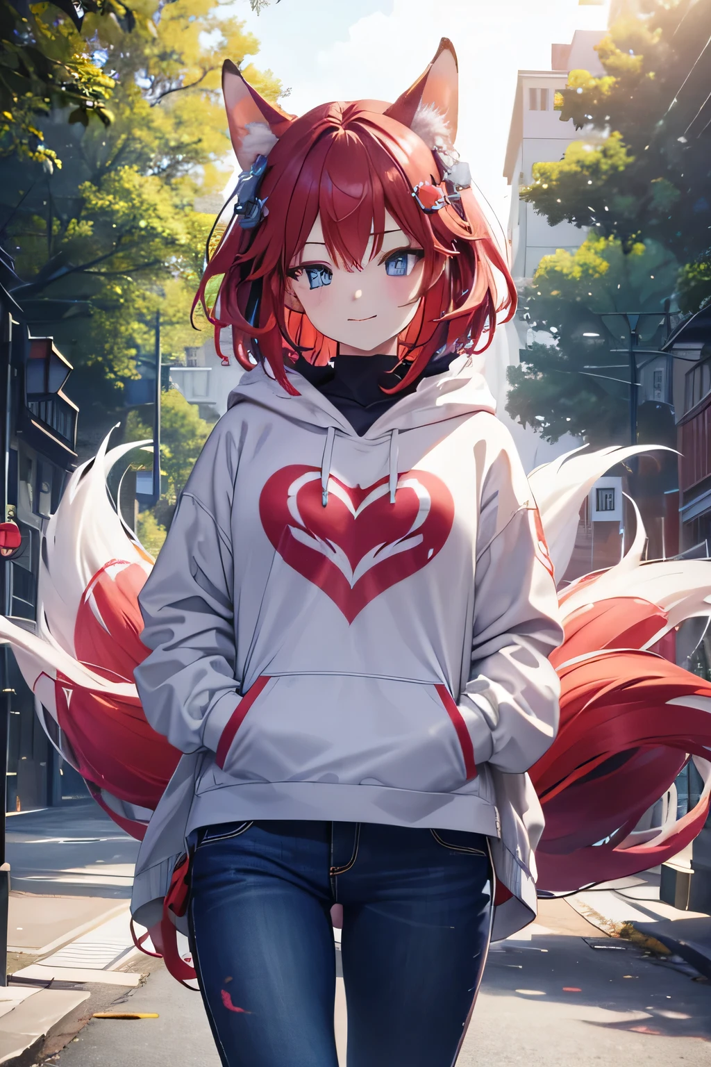 Kitsune, dark red hair, red ears, red tails, wearing a casual light grey hoodie,short jeans, beautiful detailed eyes, smiling face, longeyelashes, her tails forming a heart shape behind her, standing on a sidewalk, sun shining, vivid colors, photo-realistic, portraits, medium:illustration. (best quality,ultra-detailed,HDR,colorful vivid appearance,studio lighting), beautiful eyes