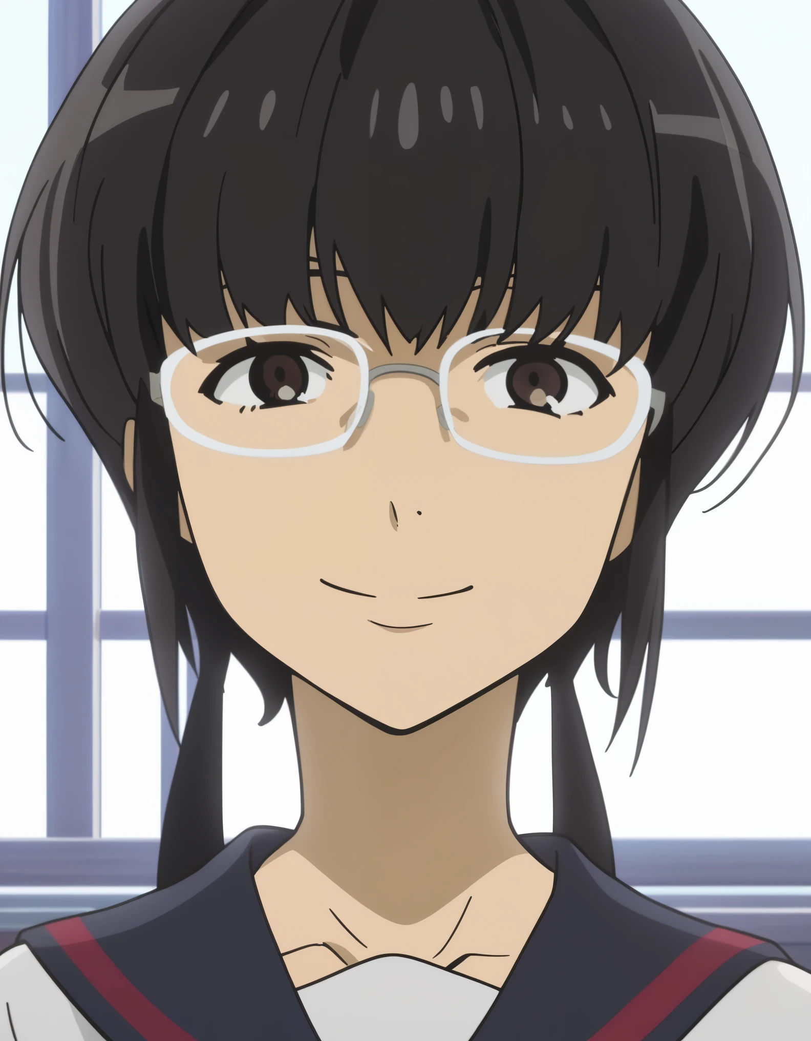 score_8_up, score_7_up, score_6_up, score_5_up, score_4_up, source anime, anime screencap, anime coloring, tamako, 1girl, brown eyes, black hair, twintails, serafuku, portrait, glasses, smile, indoors, looking at viewer, school_uniform. upper body,