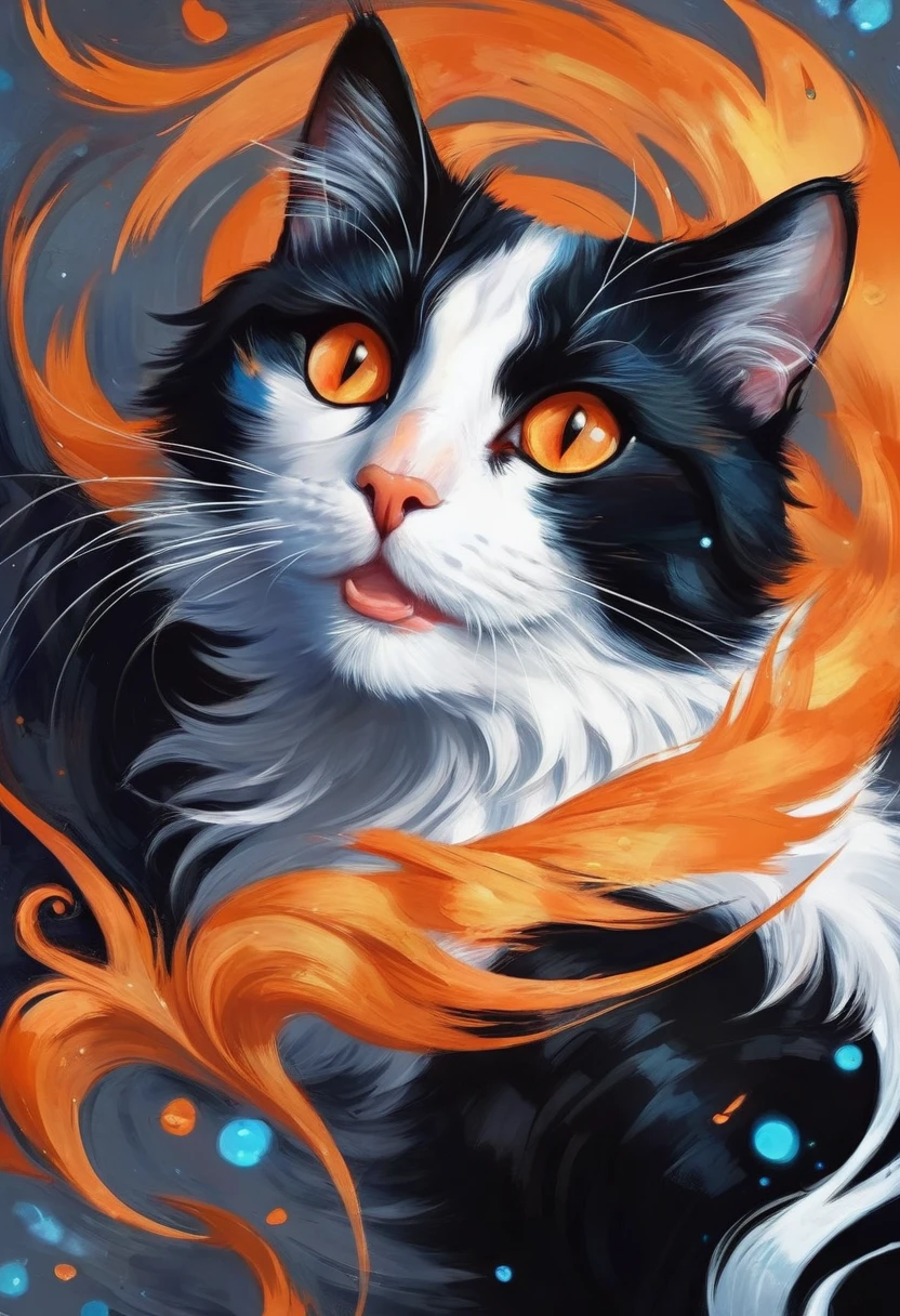 The two eyes are different colors，painting of a Cat with orange eyes and a swirly tail, Just a joke, Cat. number, Cat from the void, warrior Cats fan art, anime Cat, a painting of a Cat, liquid Cat, Very very beautiful furry art, in a painting of a Cat, beautiful Cat, Beautiful art UHD 4K, painting of a Cat