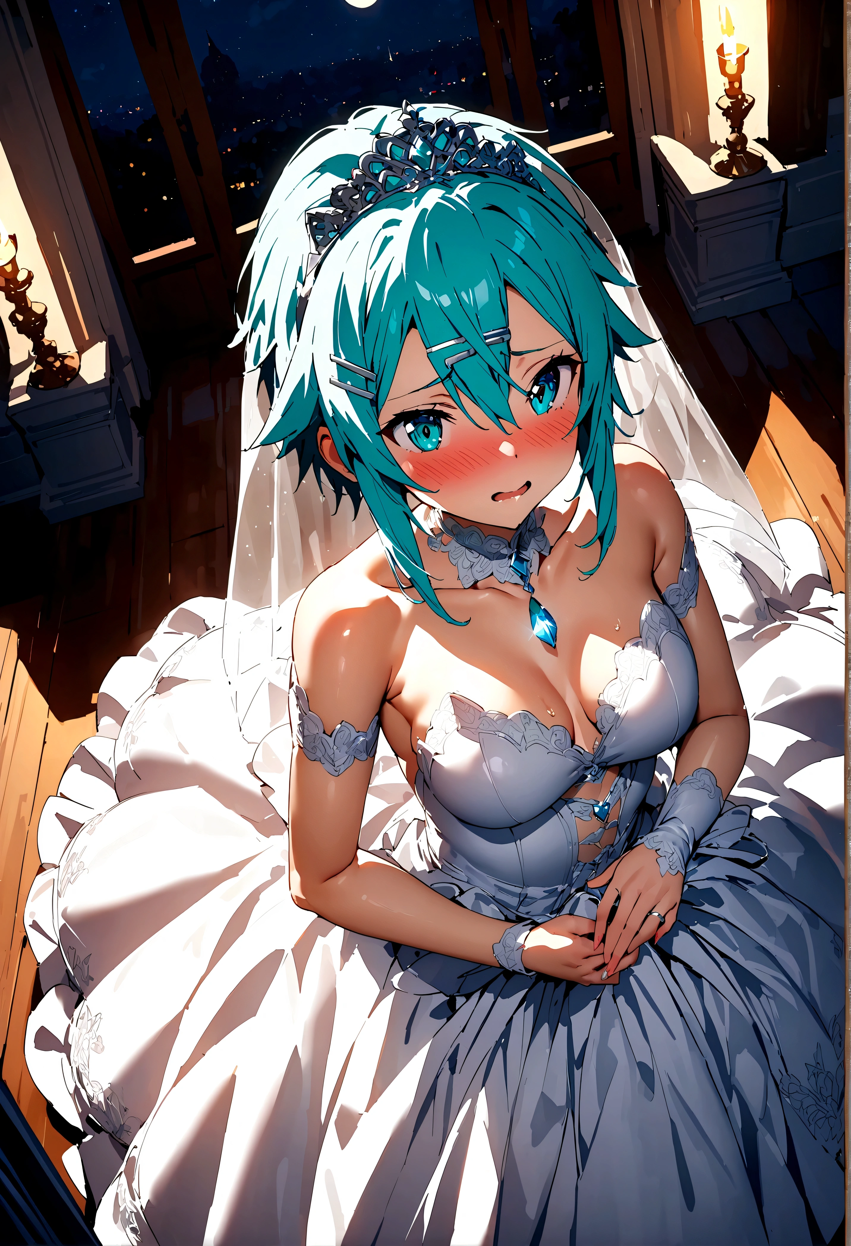 NSFW,masterpiece,Highest quality,High resolution,Super detailed,Sinon\(Sword Art Online\),(High quality sexy wedding dress),High-quality wedding lingerie,Wedding Veil,tiara,gem, hair ornaments, Hair Clip,wedding ring,Embarrassed,expectant face,(Lust),blush,Church at night in the moonlight,Luxurious Room,wedding,From above