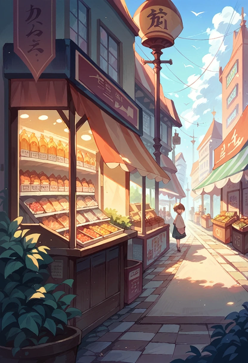 (Highest quality:0.8), (Highest quality:0.8), Perfect anime illustration, City Market, not human, Small shops, Accent lighting, sunny day