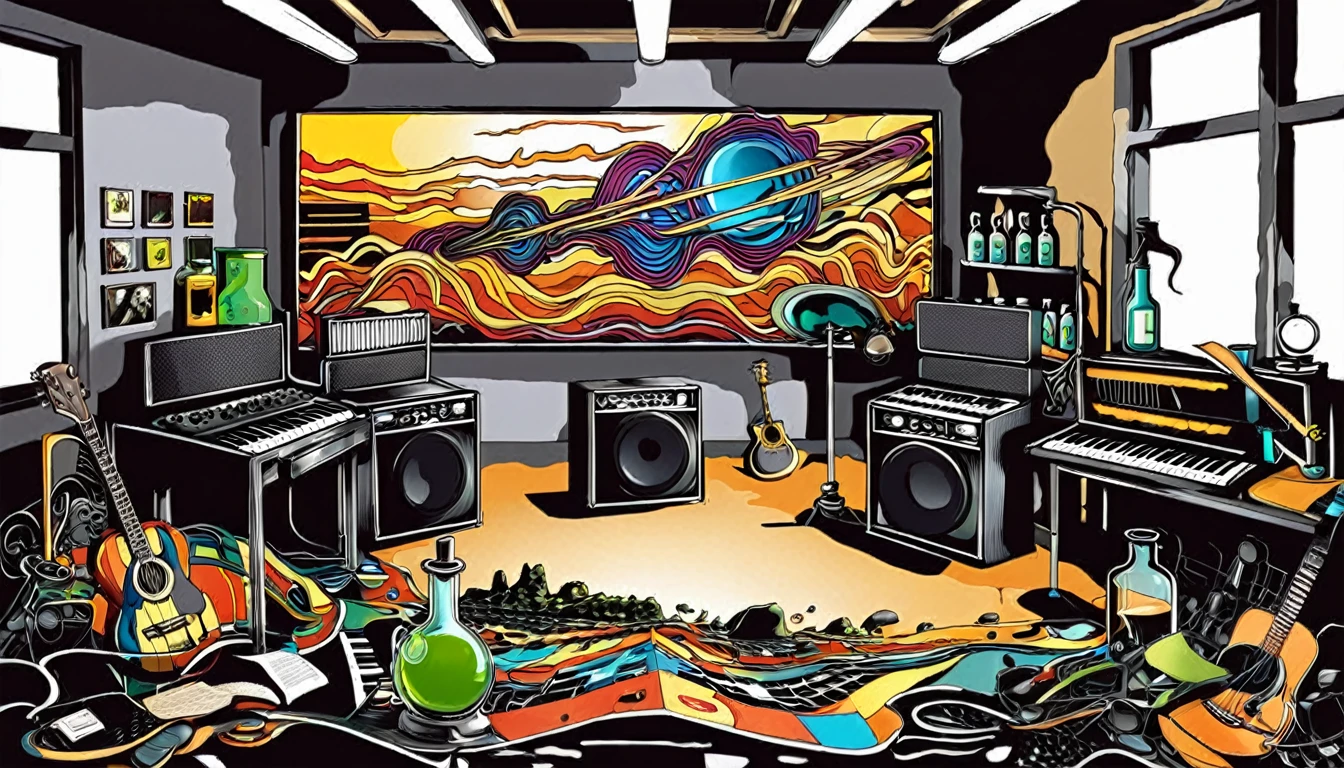 Masterpiece; Cover of Some "Physical Graffiti" by Led Zeppelin.; Guitars and drums in a small science lab(((several science bottles around the room))); (guitars and musical keyboards inside science bottles) World map on the wall. sciencie complete with speakers and glass flasks of chemistry, embody the resilience and tenacity of the scientific community, infused with a bold graphic allure that enlivens the spirit of science. The design penetrates layers of depth, integrating the raw essence and vibrant cores of Rio de Janeiro culture. Brushstrokes that incorporate the fluid energy of graffiti on guitars and acoustic guitars weave around dynamic geometric shapes, adorning the laboratories with an evocative masterpiece that speaks to the heart of the intersection between two diverse worlds. Majestically rendered in high definition and vibrant color, every detail bursts with life, inviting viewers to marvel at the beauty that; by Monet