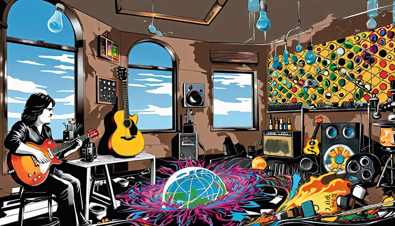 Masterpiece; Cover of Some "Physical Graffiti" by Led Zeppelin.; Guitars and drums in a small science lab(((several science bottles around the room))); (guitars and musical keyboards inside science bottles) World map on the wall. sciencie complete with speakers and glass flasks of chemistry, embody the resilience and tenacity of the scientific community, infused with a bold graphic allure that enlivens the spirit of science. The design penetrates layers of depth, integrating the raw essence and vibrant cores of Rio de Janeiro culture. Brushstrokes that incorporate the fluid energy of graffiti on guitars and acoustic guitars weave around dynamic geometric shapes, adorning the laboratories with an evocative masterpiece that speaks to the heart of the intersection between two diverse worlds. Majestically rendered in high definition and vibrant color, every detail bursts with life, inviting viewers to marvel at the beauty that; by Monet