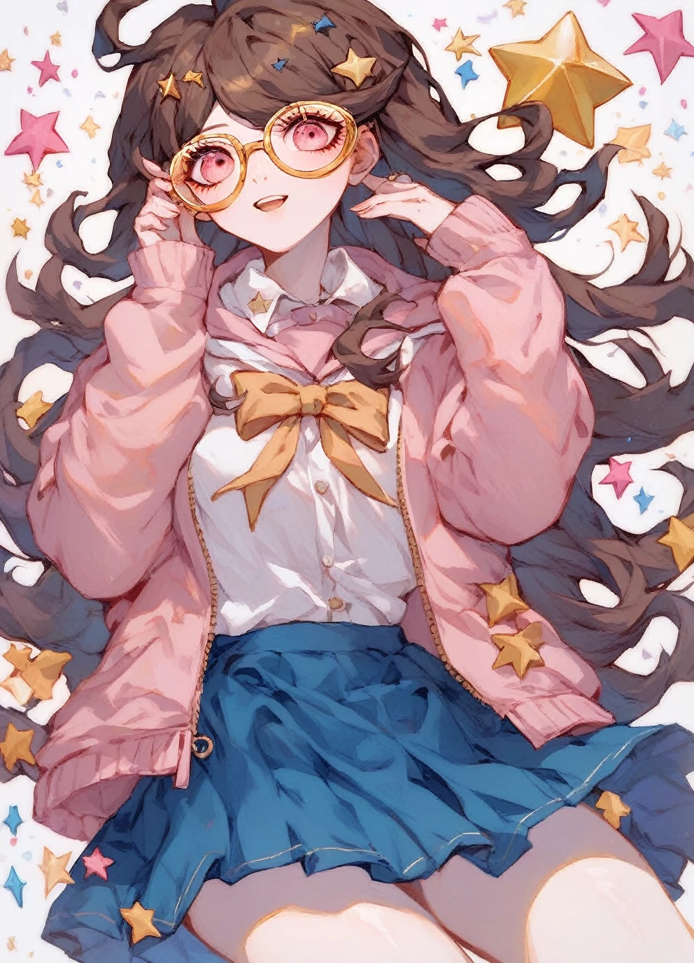 young woman, Brown hair, pink eyes, pink jumper, gold Crown, yellow star shaped glasses, blue skirt, danganronpa