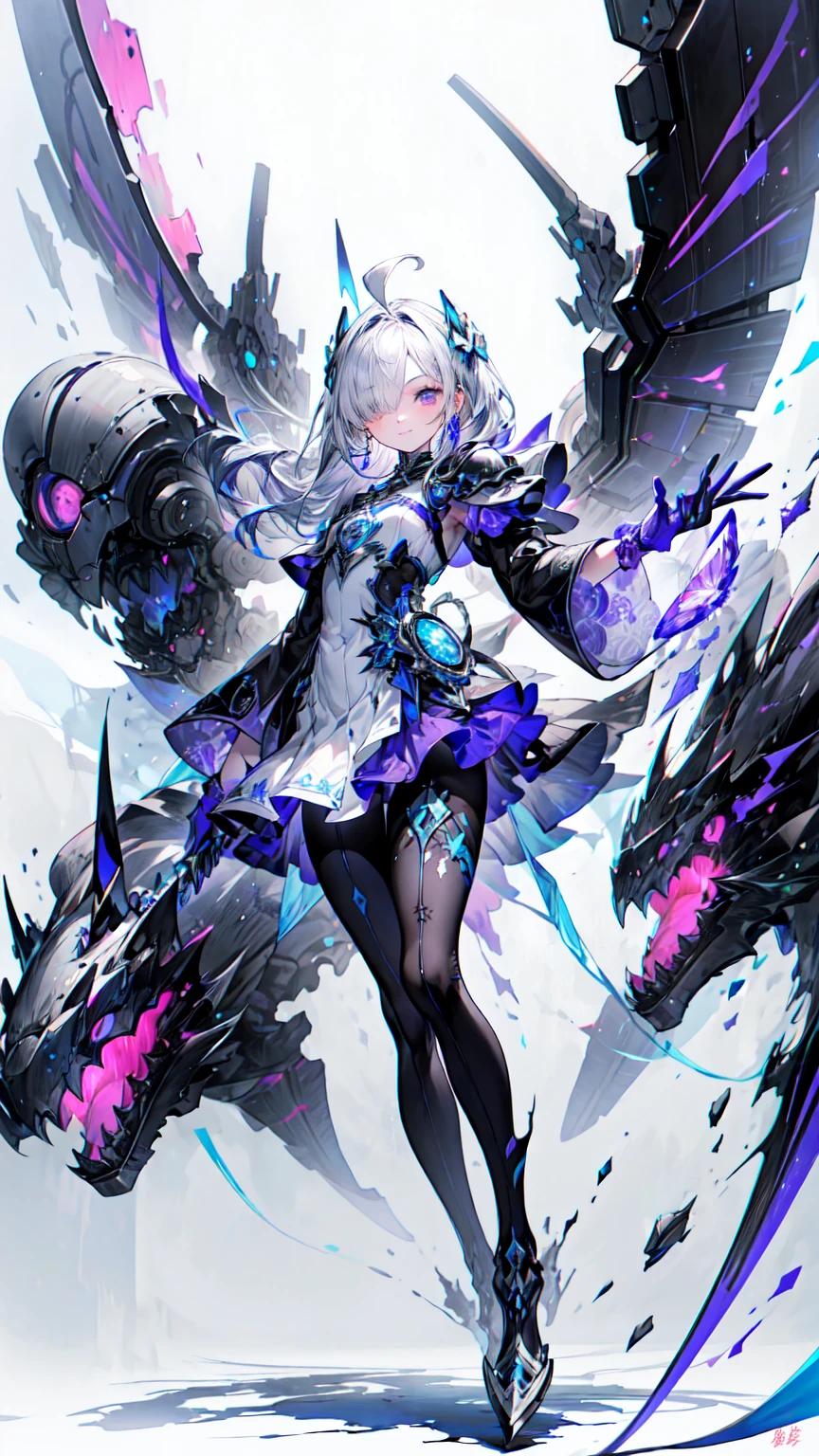 masterpiece, Highest quality, (Very detailedな CG ユニティ 8k wallpaper, masterpiece, Highest quality, Very detailed, Best Shadow), (Detailed Background), (Beautifully detailed face, Beautiful details), High Contrast, (Best lighting, Very delicate and beautiful),One Girl,((透明な背景にcolorfulなペイントが飛び散る, Dulux,)), ((audio)), Dynamic Angle,美しいShine,Lesbians around the world, Cowboy Shot, colorful, One Girl, Gray Hair, Purple eyes, Two-way, sword, holdingsword, Blue Flame, Shine, Glowing Weapons, Particles of light, wallpaper, Color Difference, (Detailed Background,Dark fantasy), (Beautifully detailed face), High Contrast, (Best lighting, Very delicate and beautiful), ((Cinematic Light)), colorful, Hyper Detail, Dramatic Light, Intricate details, Written boundary depth,black light particles,(Broken glass),magic circle,Full body photo，Absurd background，Machinery Armor、Blake、（Dark Elf), (1 Girl), alone, Perfect Face, Get used to it, Ahoge, ((Long Hair:1.2)), (Hair above one eye:1.3), [[Messy Hair]], Shineブロンドの白い髪, Purple eyes, Variegated eyes, colorfulな髪, Shine目, (eyelash, eye shadow, pink eye shadow), bright, smile, Design Art：haruhiko mikimoto, by Kawashi, By Yoshitaka Amano