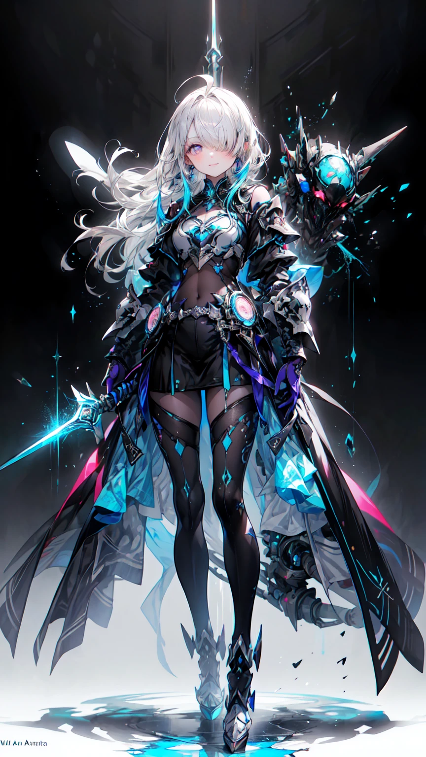 masterpiece, Highest quality, (Very detailedな CG ユニティ 8k wallpaper, masterpiece, Highest quality, Very detailed, Best Shadow), (Detailed Background), (Beautifully detailed face, Beautiful details), High Contrast, (Best lighting, Very delicate and beautiful),One Girl,((透明な背景にcolorfulなペイントが飛び散る, Dulux,)), ((audio)), Dynamic Angle,美しいShine,Lesbians around the world, Cowboy Shot, colorful, One Girl, Gray Hair, Purple eyes, Two-way, sword, holdingsword, Blue Flame, Shine, Glowing Weapons, Particles of light, wallpaper, Color Difference, (Detailed Background,Dark fantasy), (Beautifully detailed face), High Contrast, (Best lighting, Very delicate and beautiful), ((Cinematic Light)), colorful, Hyper Detail, Dramatic Light, Intricate details, Written boundary depth,black light particles,(Broken glass),magic circle,Full body photo，Absurd background，Machinery Armor、Blake、（Dark Elf), (1 Girl), alone, Perfect Face, Get used to it, Ahoge, ((Long Hair:1.2)), (Hair above one eye:1.3), [[Messy Hair]], Shineブロンドの白い髪, Purple eyes, Variegated eyes, colorfulな髪, Shine目, (eyelash, eye shadow, pink eye shadow), bright, smile, Design Art：haruhiko mikimoto, by Kawashi, By Yoshitaka Amano