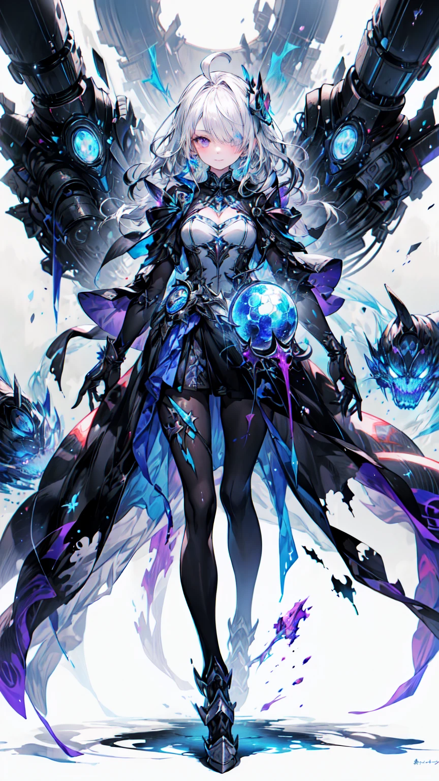 masterpiece, Highest quality, (Very detailedな CG ユニティ 8k wallpaper, masterpiece, Highest quality, Very detailed, Best Shadow), (Detailed Background), (Beautifully detailed face, Beautiful details), High Contrast, (Best lighting, Very delicate and beautiful),One Girl,((透明な背景にcolorfulなペイントが飛び散る, Dulux,)), ((audio)), Dynamic Angle,美しいShine,Lesbians around the world, Cowboy Shot, colorful, One Girl, Gray Hair, Purple eyes, Two-way, sword, holdingsword, Blue Flame, Shine, Glowing Weapons, Particles of light, wallpaper, Color Difference, (Detailed Background,Dark fantasy), (Beautifully detailed face), High Contrast, (Best lighting, Very delicate and beautiful), ((Cinematic Light)), colorful, Hyper Detail, Dramatic Light, Intricate details, Written boundary depth,black light particles,(Broken glass),magic circle,Full body photo，Absurd background，Machinery Armor、Blake、（Dark Elf), (1 Girl), alone, Perfect Face, Get used to it, Ahoge, ((Long Hair:1.2)), (Hair above one eye:1.3), [[Messy Hair]], Shineブロンドの白い髪, Purple eyes, Variegated eyes, colorfulな髪, Shine目, (eyelash, eye shadow, pink eye shadow), bright, smile, Design Art：haruhiko mikimoto, by Kawashi, By Yoshitaka Amano