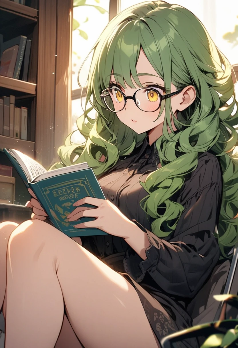 girl, beautiful, green hair, yellow eyes, curly hair, reading book, long hair, glasses,