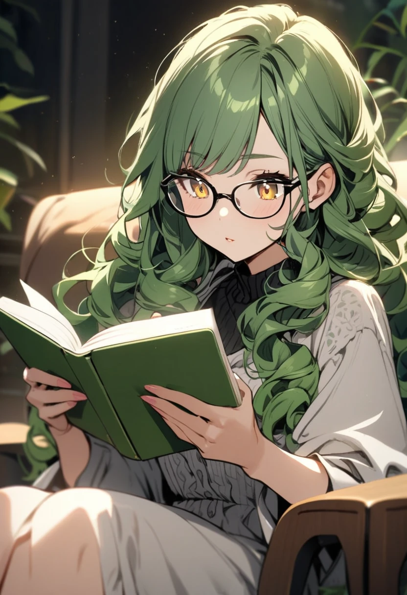girl, beautiful, green hair, yellow eyes, curly hair, reading book, long hair, glasses,