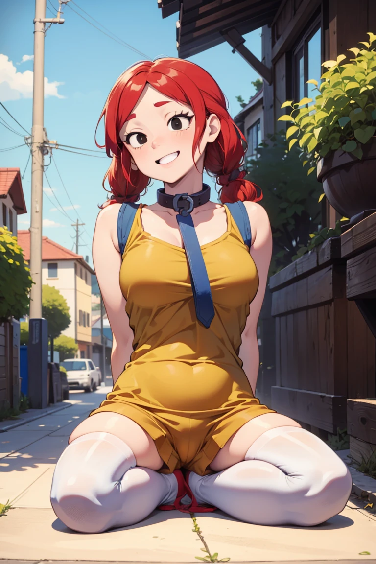 jbrawl, happy, black eyes, twintails, red hair, red twintails hair, low twintails, happy, white t-shirt, sleeveless t-shirt, t-shirt connected to trackpants, yellow colored trackpants, yellow short trackpants, yellow short trackpants, blue thighhighs, thighhighs socks, long thighhighs socks, collar, collar on neck, in the town, traditional town, outdoor, collar on neck, slave collar, collar, bound arm, arm behind, bondage, bdsm, tied up, rope, sit, sitting on floor,