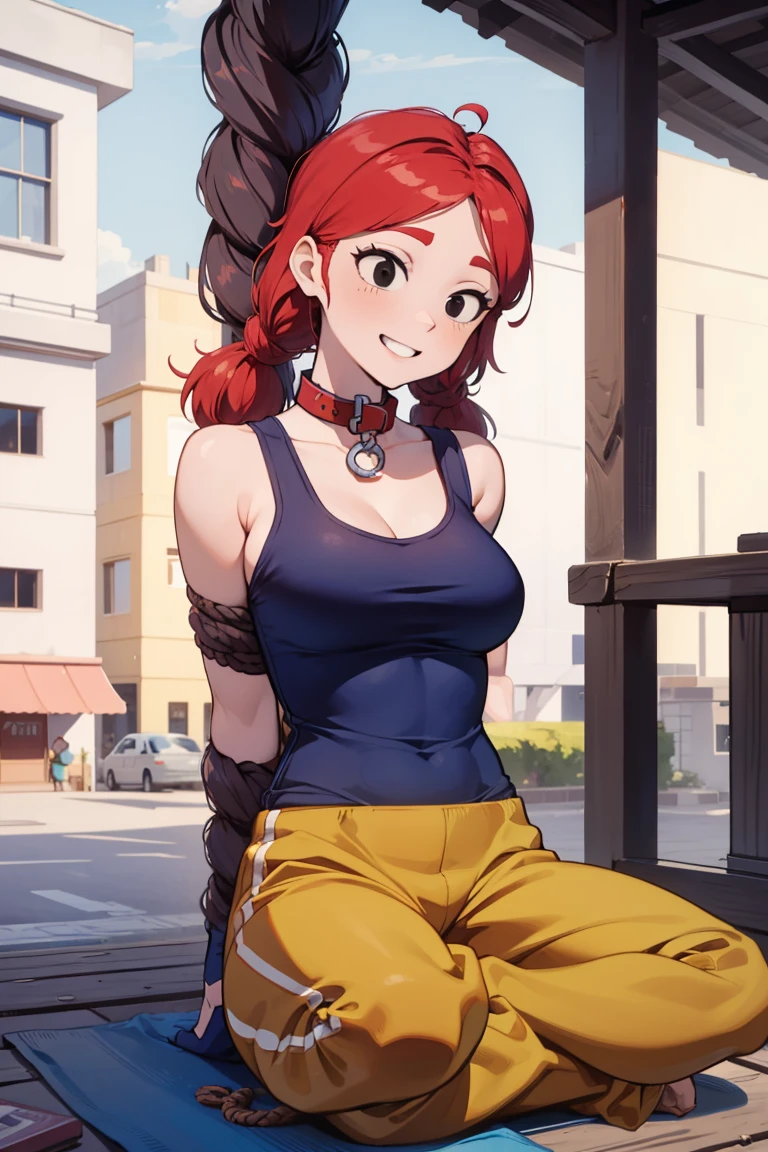 jbrawl, happy, black eyes, twintails, red hair, red twintails hair, low twintails, happy, white t-shirt, sleeveless t-shirt, t-shirt connected to trackpants, yellow colored trackpants, yellow short trackpants, yellow short trackpants, blue thighhighs, thighhighs socks, long thighhighs socks, collar, collar on neck, in the town, traditional town, outdoor, collar on neck, slave collar, collar, bound arm, arm behind, bondage, bdsm, tied up, rope, sit, sitting on floor,