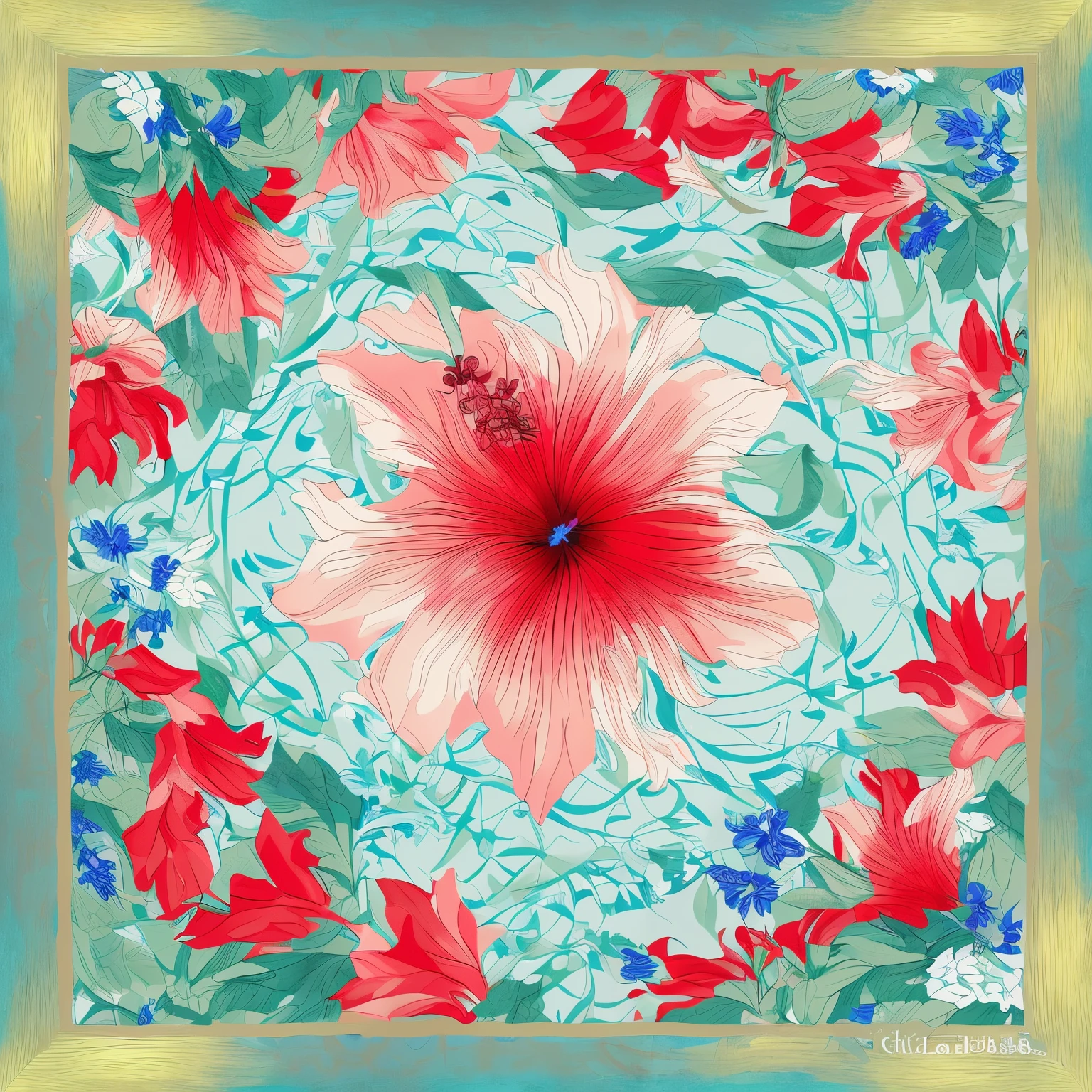 Silk scarf design， Dressed in red hibiscus flowers, Clematis themed banner, red 花s, Flora, 花 pop art, celestial red 花s vibe, 花 frame, Flower motif, Inspired by Gauguin, blooming tropical 花s, Bright red hibiscus flowers