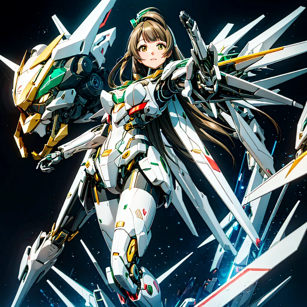masterpiece, high quality, Cyborgization、Gynoid Cyborg Body、The face is of Minami Kotori.、Minami Kotori, who has been remodeled into a girl-type mechanical body、Mecha Cyborg Girl、Single, frontal composition、Single image、from front, full body、The mechanical body is destroyed, exposing the precision machinery.、Arms and legs wide open、Black Background