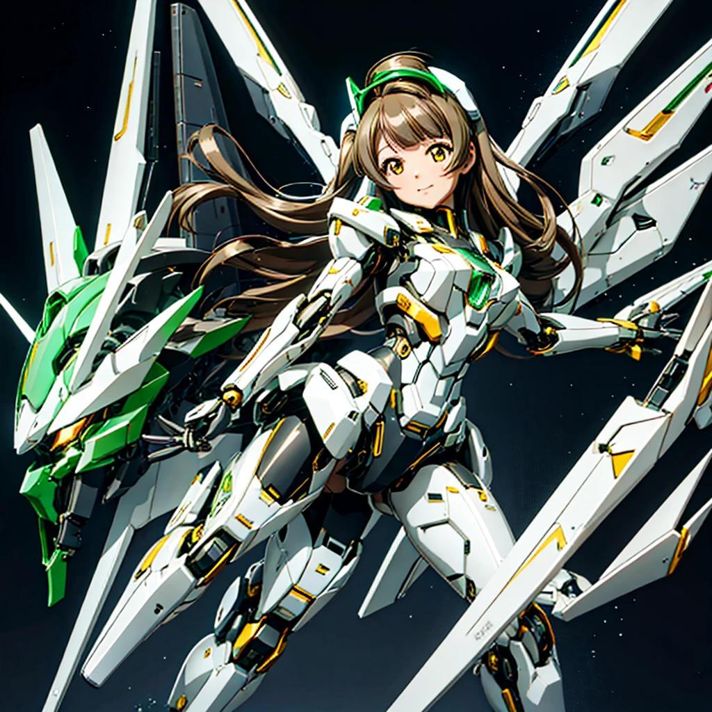 masterpiece, high quality, Cyborgization、Gynoid Cyborg Body、The face is of Minami Kotori.、Minami Kotori, who has been remodeled into a girl-type mechanical body、Mecha Cyborg Girl、Single, frontal composition、Single image、from front, full body、The mechanical body is destroyed, exposing the precision machinery.、Arms and legs wide open、Black Background