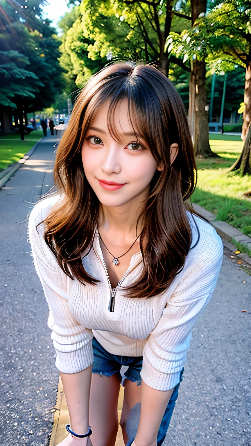seed:4195271995,((Full Body Angle:1.1)),((Highest quality, 8K, masterpiece: 1.3)), concentrated: 1.2,Front hair:1.3, Cute girl 1,Nipples erect、 Perfect beauty: 1.4,Colorful ribbed knit half-zip T-shirt、Shorts,: 1.2,Randall Color、comics&Text Graphics、Black,1.1, Highly detailed face and skin textures, Fine grain, double eyelid, whitening skin, ,Highest quality,Ultra-high resolution,you,1 girl,alone,_Shiny_skin,Iris,necklace,((brown_length_Wavy_hair)),(lips)),eyelash,Front hair,deal with,compensate,Shiny,pore,skin big breasts、(smiling face)、Front hair、Walking in the park、walk