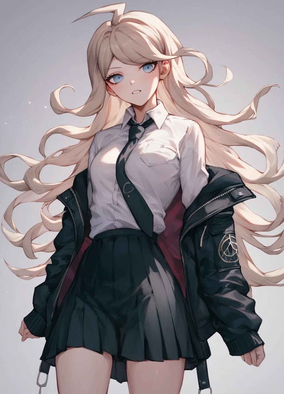 young woman, black long hair, Blue eyes, black jacket with black tie, black skirt, danganronpa
