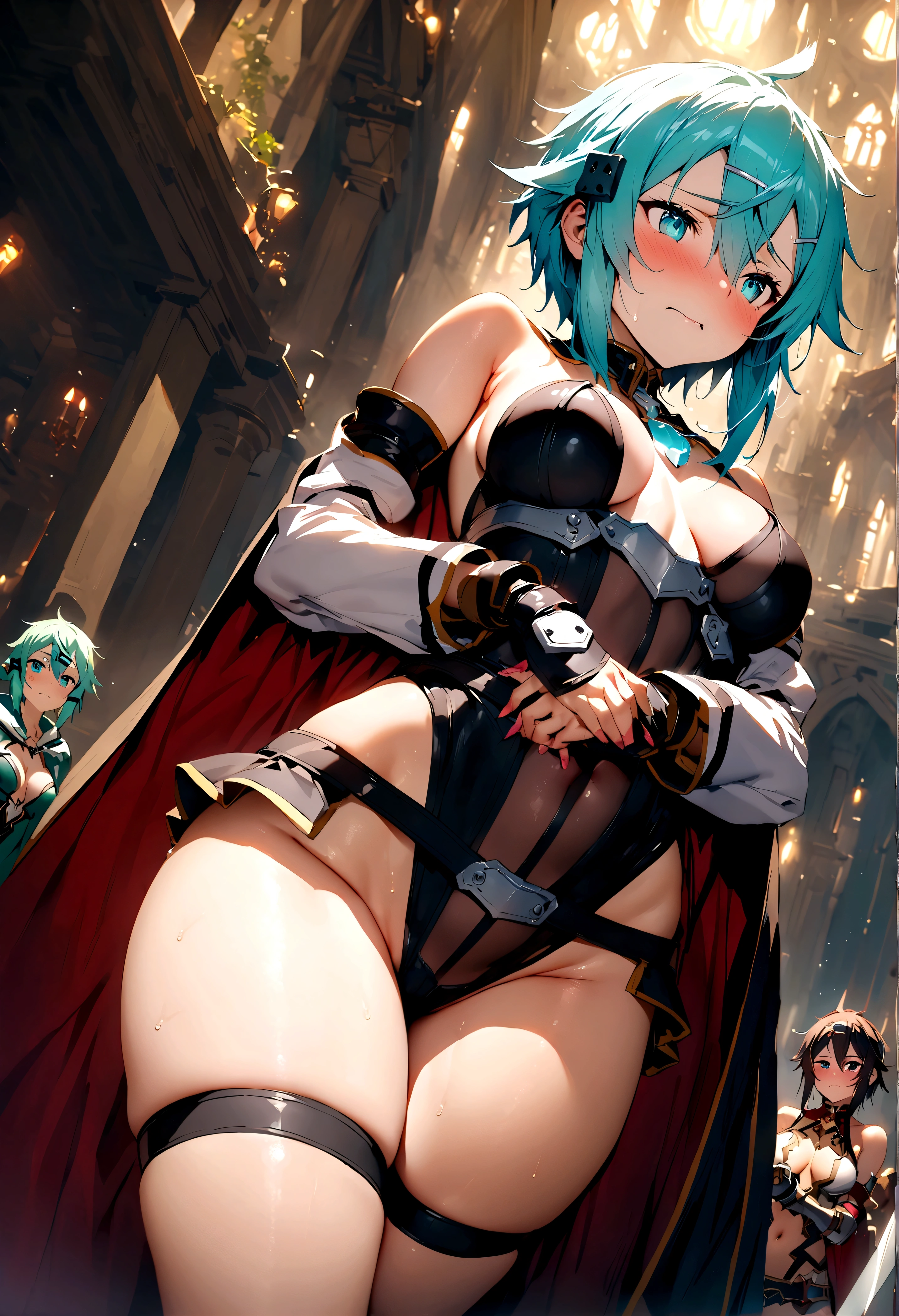 top-quality、Full limbs、complete fingers、one beautiful women、Beautiful Large Breasts、Medium short hair、straight haired、Red hair、(((Red high-neck leotard:1.3)))、(Brown pantyhose)、Woman knight、((Western armor、gauntlets、a belt、breastplates、Shin pads))、red cloak、Torture chamber、mats、((((Woman surrounded by 5 naked men))))、(((gang-rape:1.5)))、(((Insults)))、(((rape)))、Woman with open crotch、Woman is stretching her legs、(((NSFW:1.5)))、(((Missionary sex)))、(((Move the crotch part of the leotard、A man is inserting a penis into a woman's:1.5)))、A man's crotch is in close contact with a woman's crotch、(((Woman has arms stretched to the sides)))、(((A man is rubbing a woman's breasts)))、Woman with a distressed face、(The climax is too strong and the woman is panting:1.3)、((Woman crying with mouth open:1.1))、(((Men are ejaculating towards women、The woman's body is covered in semen:1.3)))、(((A woman is grabbed by a man and can't move)))、The female knight&#39;s hands are tied with rope.、female knight is restrained