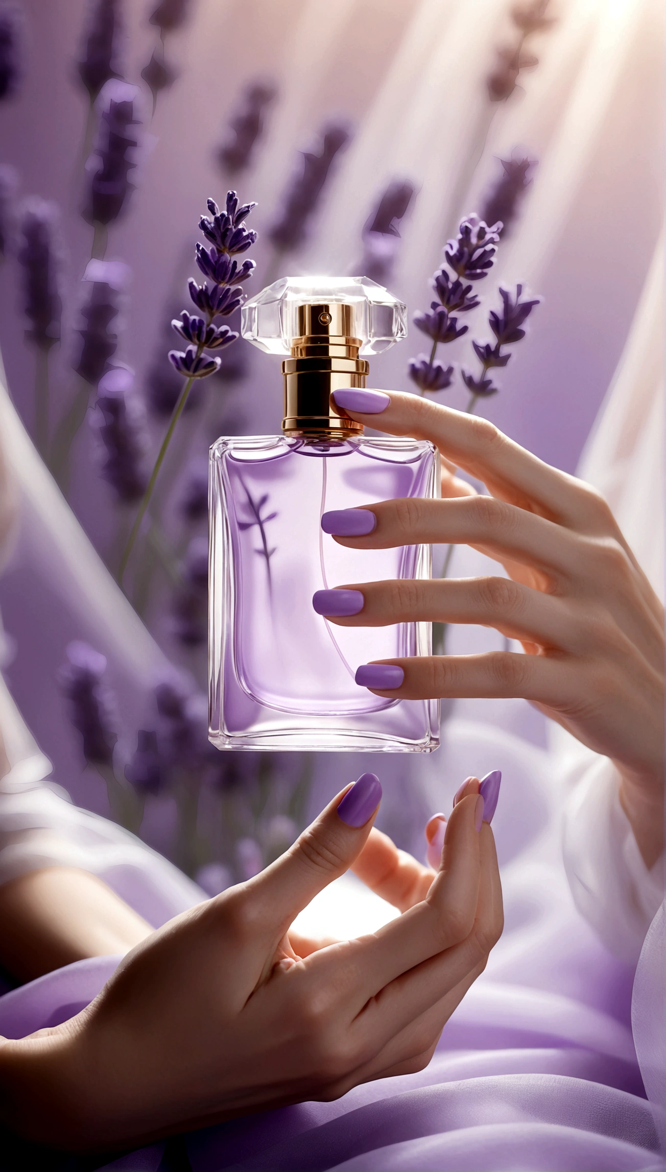 perfume in women's hands, on the hands there is a delicate lavender fabric, fabric is light on perfume, beautiful perfume, aesthetic advertising, stylish perfume, soft aura, blurred background, light, gentle perfume, cold haze