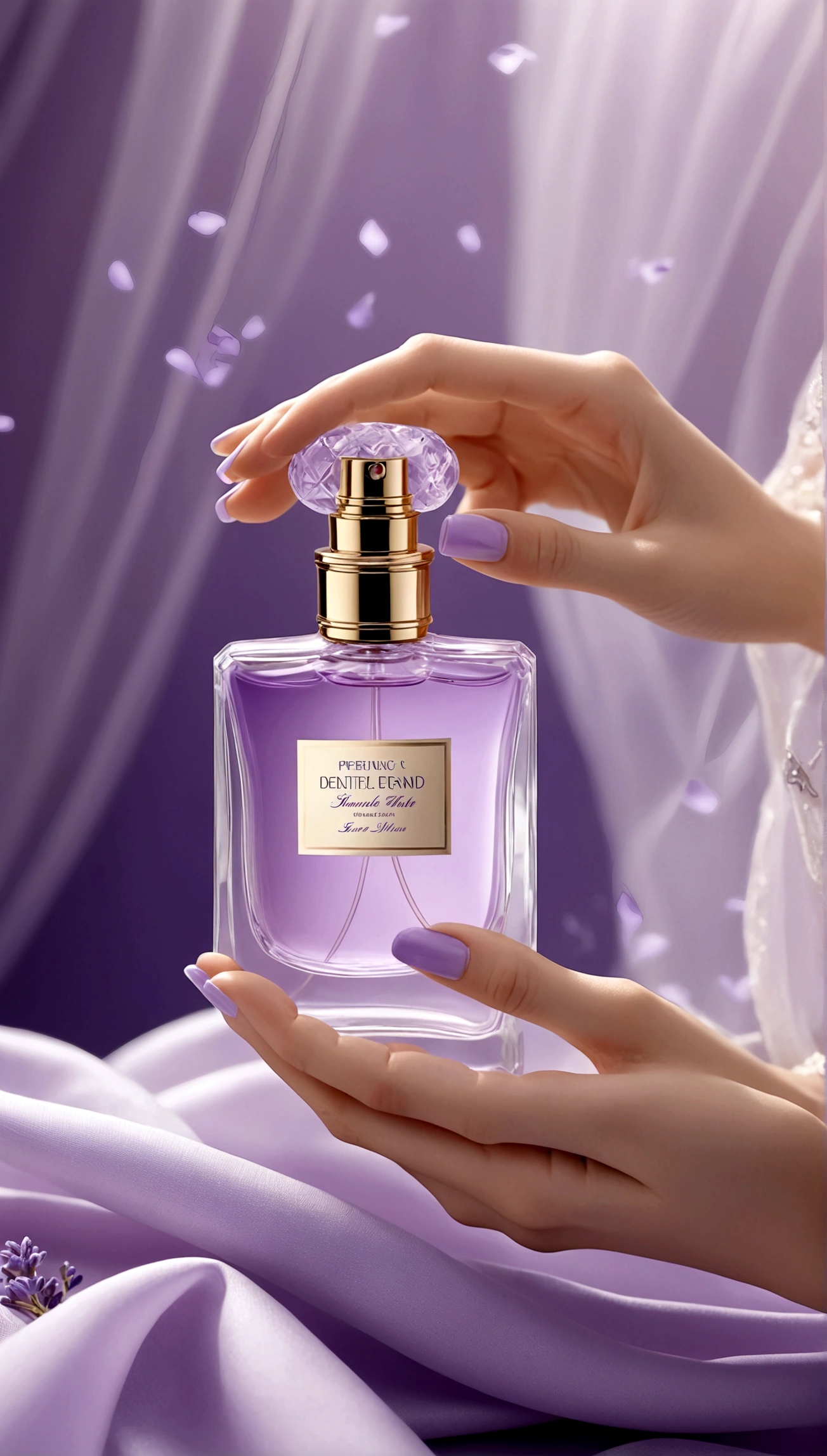 perfume in women&#39;s hands, on the hands there is a delicate lavender fabric, fabric is light on perfume, beautiful perfume, aesthetic advertising, stylish perfume, soft aura, blurred background, light, gentle perfume, cold haze