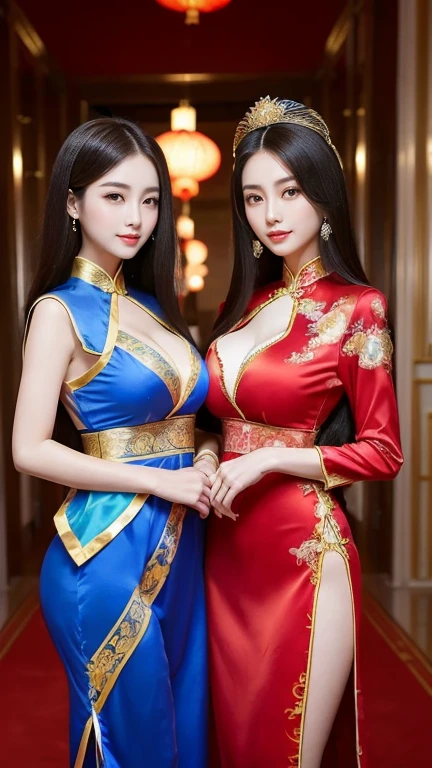 (((Two Chinese beauties)))、((Standing side by side))、21 years old、(Very heavy makeup:1.2)、(Slanted Eyes:1.3)、(long narrow eyes:1.3)、Shiny Hair、Glowing Skin、Very white skin、Jet Black Hair、Straight long hairstyle、Big eyes、Double eyelids、Luxury Chinese palace、(Standing in the palace corridor)、(Golden luxurious hair ornament)、(Patterned costume of a Chinese queen)、Luxurious and gorgeous、(huge breast:1.3)、(Exposed Skin:1.4)、(Smile with your mouth closed)、((The beautiful woman on the right is wearing a bright red outfit.))、((The beauty on the left is wearing a royal blue outfit.))
