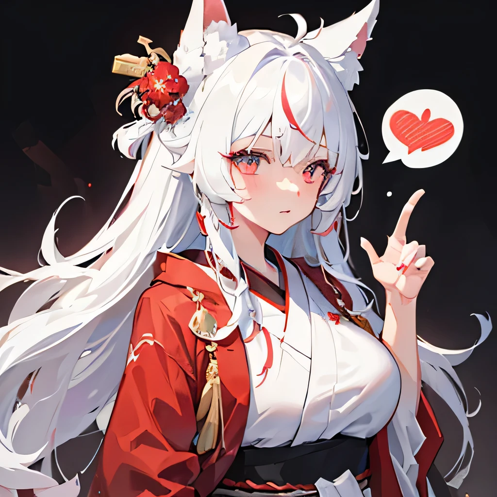 Masterpiece, High Quality,(Big Speech bubble:1.5), One girl, wolf ears, red eyes, beautiful eyes, cute smitten face, long white hair ponytail,(perfectly detailed eyes:1.3),(red kimono),(white kimono), dynamic angles, complex details,(big tits),(feminine:1.4),( Beautiful:1.4), (Attractive:1.3), perfect hands.