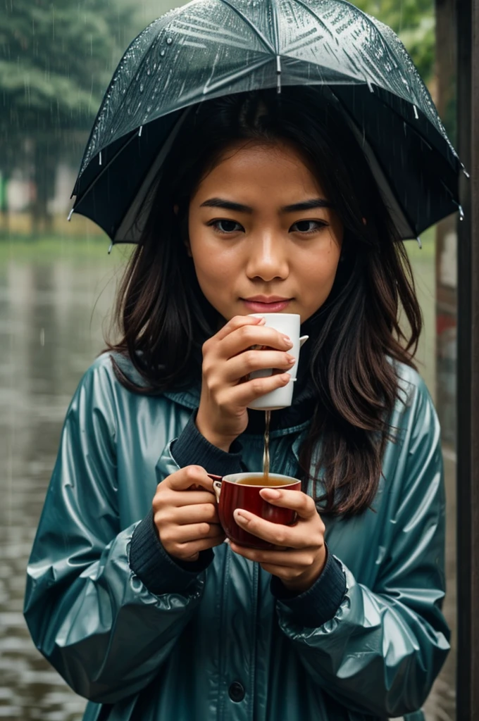 A person drinking tea in rain
